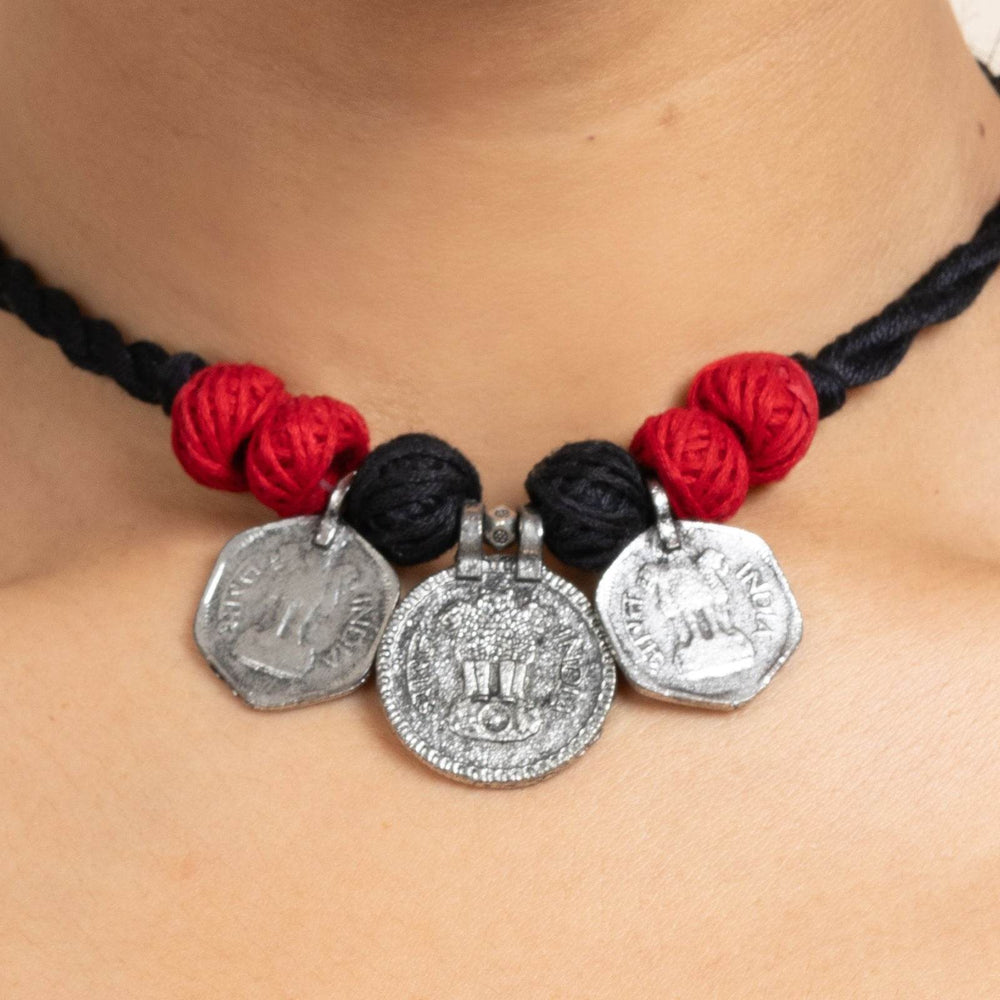 Handmade German Silver Choker Necklace With 3 Coins And Red Black Adjustable Dori - Unique Jewelry - Lookandadorn.com