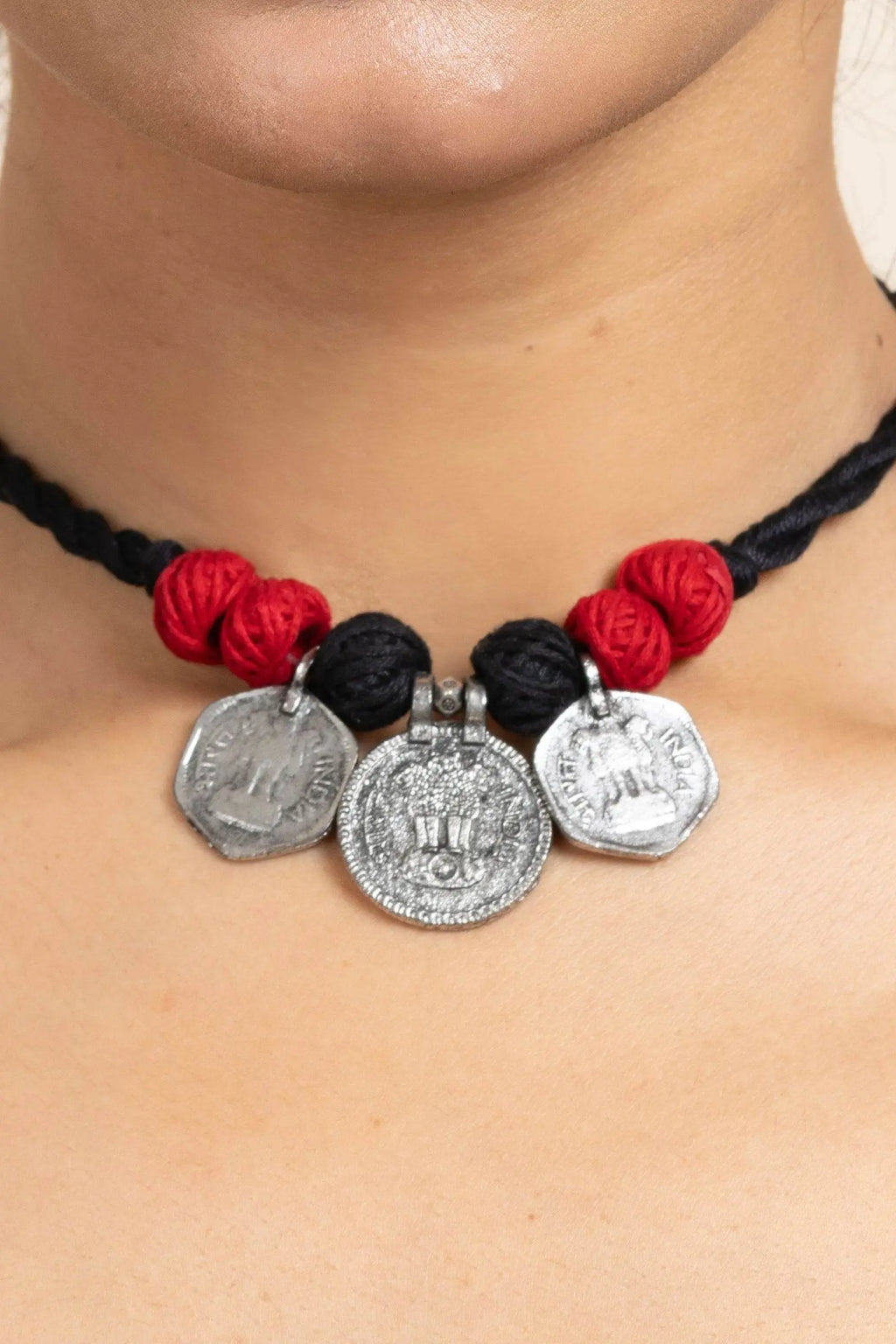 Handmade German Silver Choker Necklace With 3 Coins And Red Black Adjustable Dori - Unique Jewelry - Lookandadorn.com