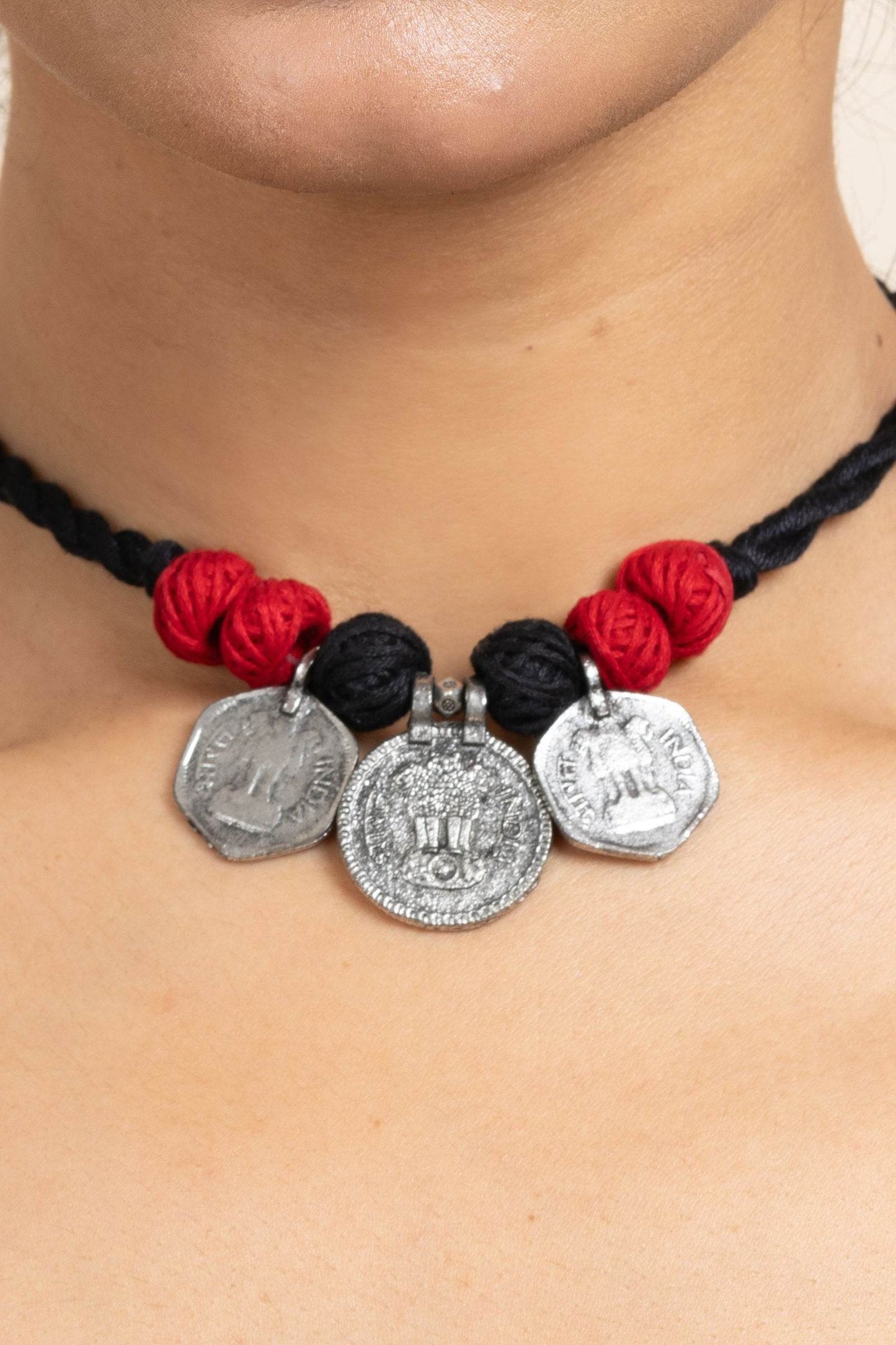 Handmade German Silver Choker Necklace With 3 Coins And Red Black Adjustable Dori - Unique Jewelry - Lookandadorn.com