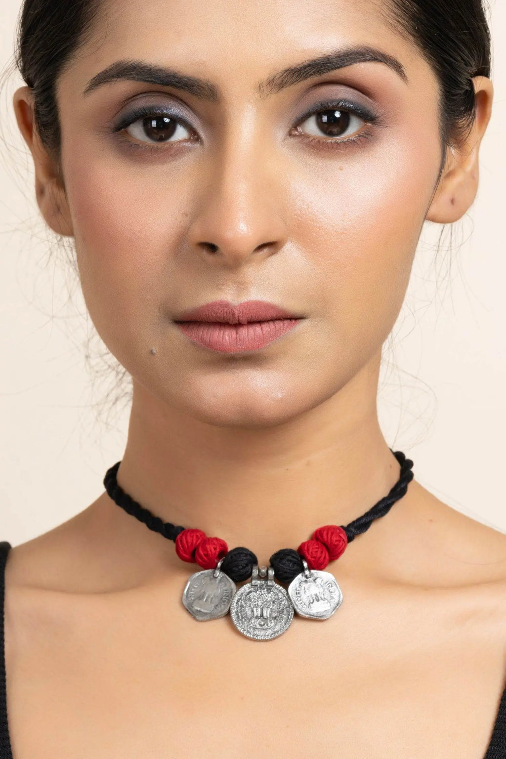 Handmade German Silver Choker Necklace With 3 Coins And Red Black Adjustable Dori - Unique Jewelry - Lookandadorn.com