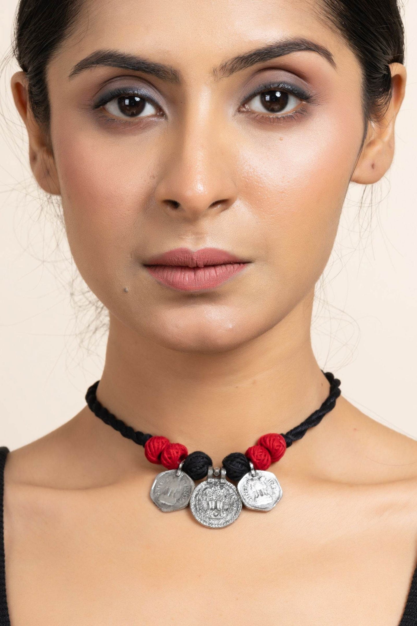 Handmade German Silver Choker Necklace With 3 Coins And Red Black Adjustable Dori - Unique Jewelry - Lookandadorn.com