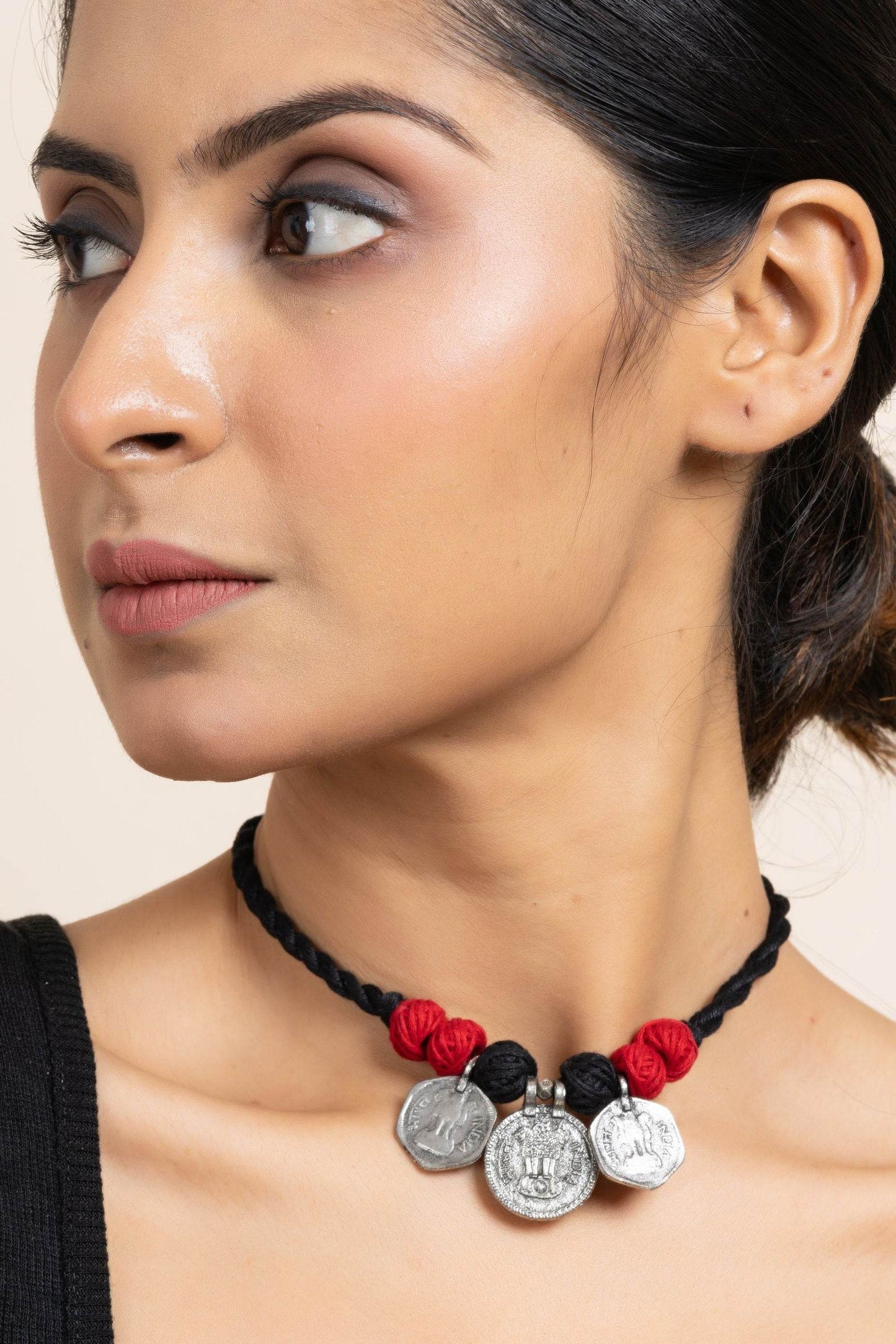 Handmade German Silver Choker Necklace With 3 Coins And Red Black Adjustable Dori - Unique Jewelry - Lookandadorn.com