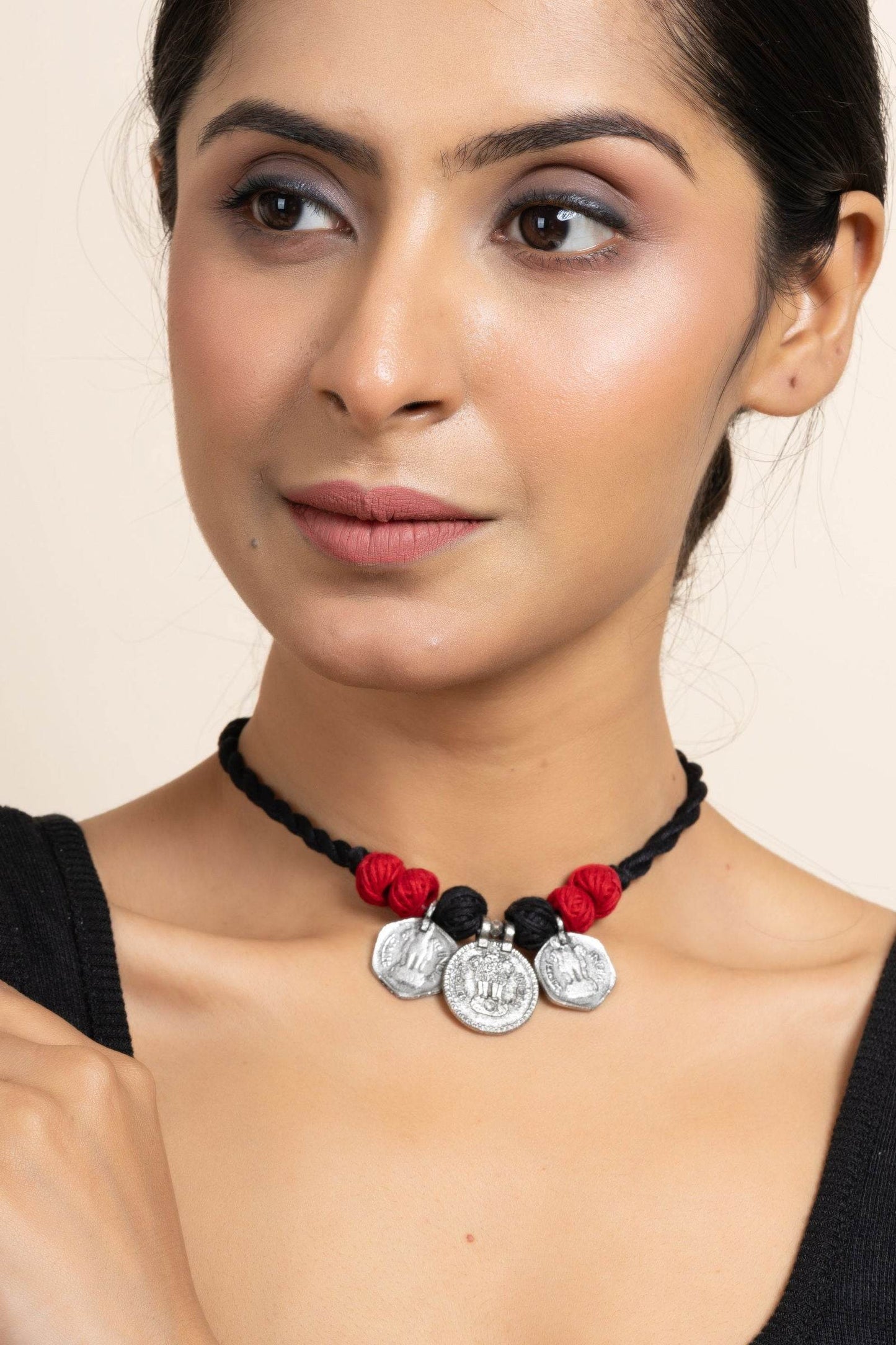 Handmade German Silver Choker Necklace With 3 Coins And Red Black Adjustable Dori - Unique Jewelry - Lookandadorn.com