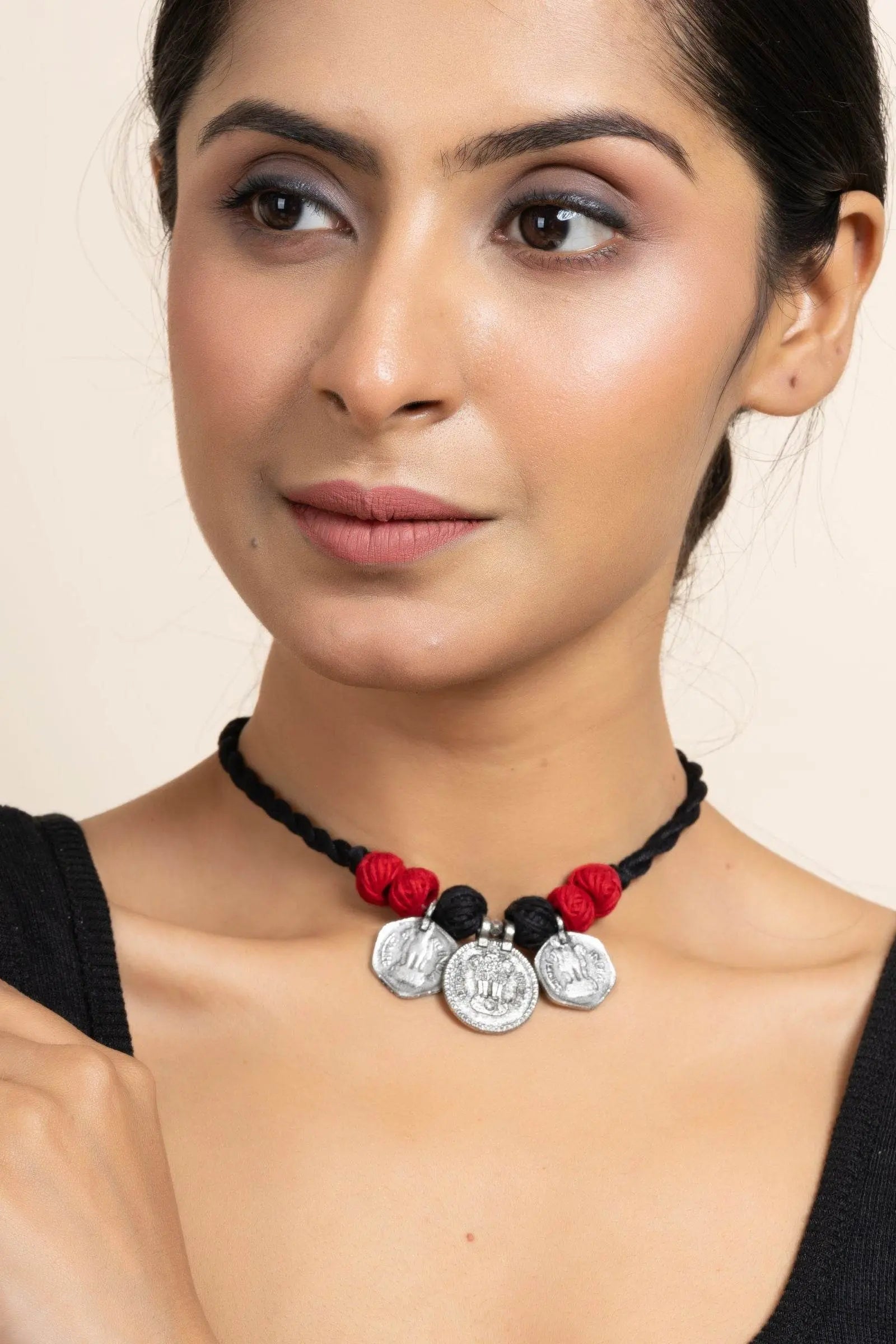 Handmade German Silver Choker Necklace With 3 Coins And Red Black Adjustable Dori - Unique Jewelry - Lookandadorn.com