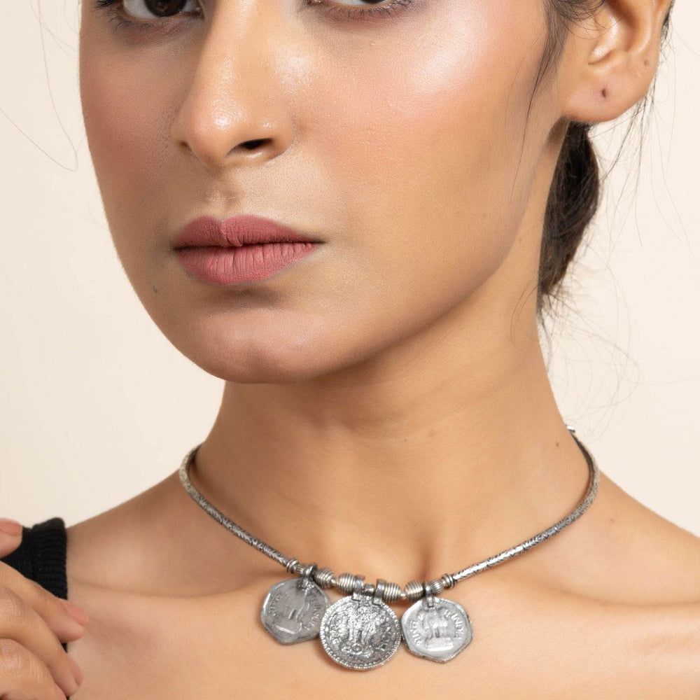 Handcrafted German Silver Triple Coin Sleek Hasli Choker Necklace for Stylish Daily Wear - Lookandadorn.com