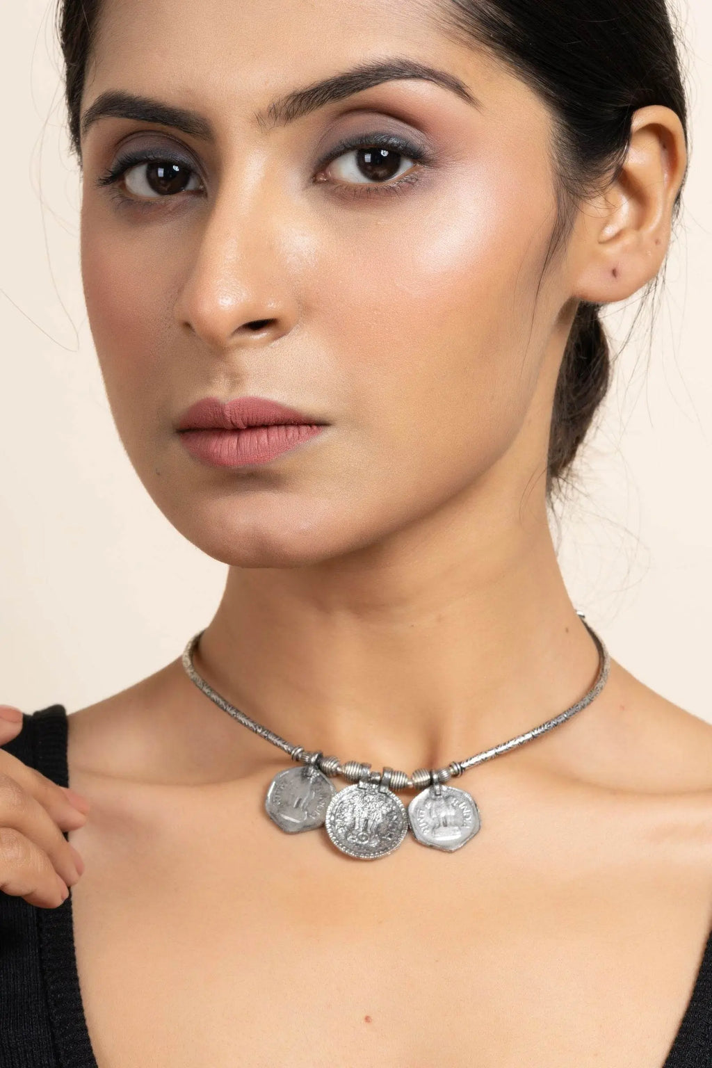 Handcrafted German Silver Triple Coin Sleek Hasli Choker Necklace for Stylish Daily Wear - Lookandadorn.com