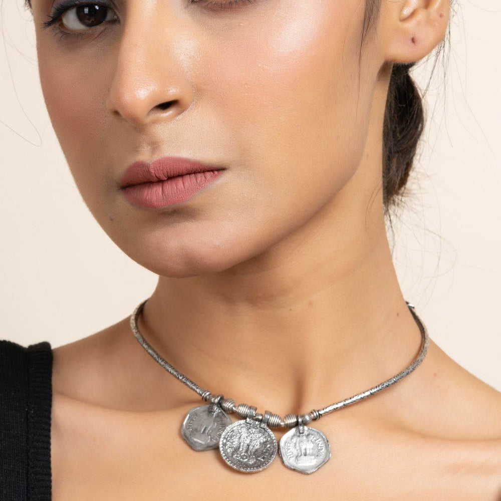 Handcrafted German Silver Triple Coin Sleek Hasli Choker Necklace for Stylish Daily Wear - Lookandadorn.com