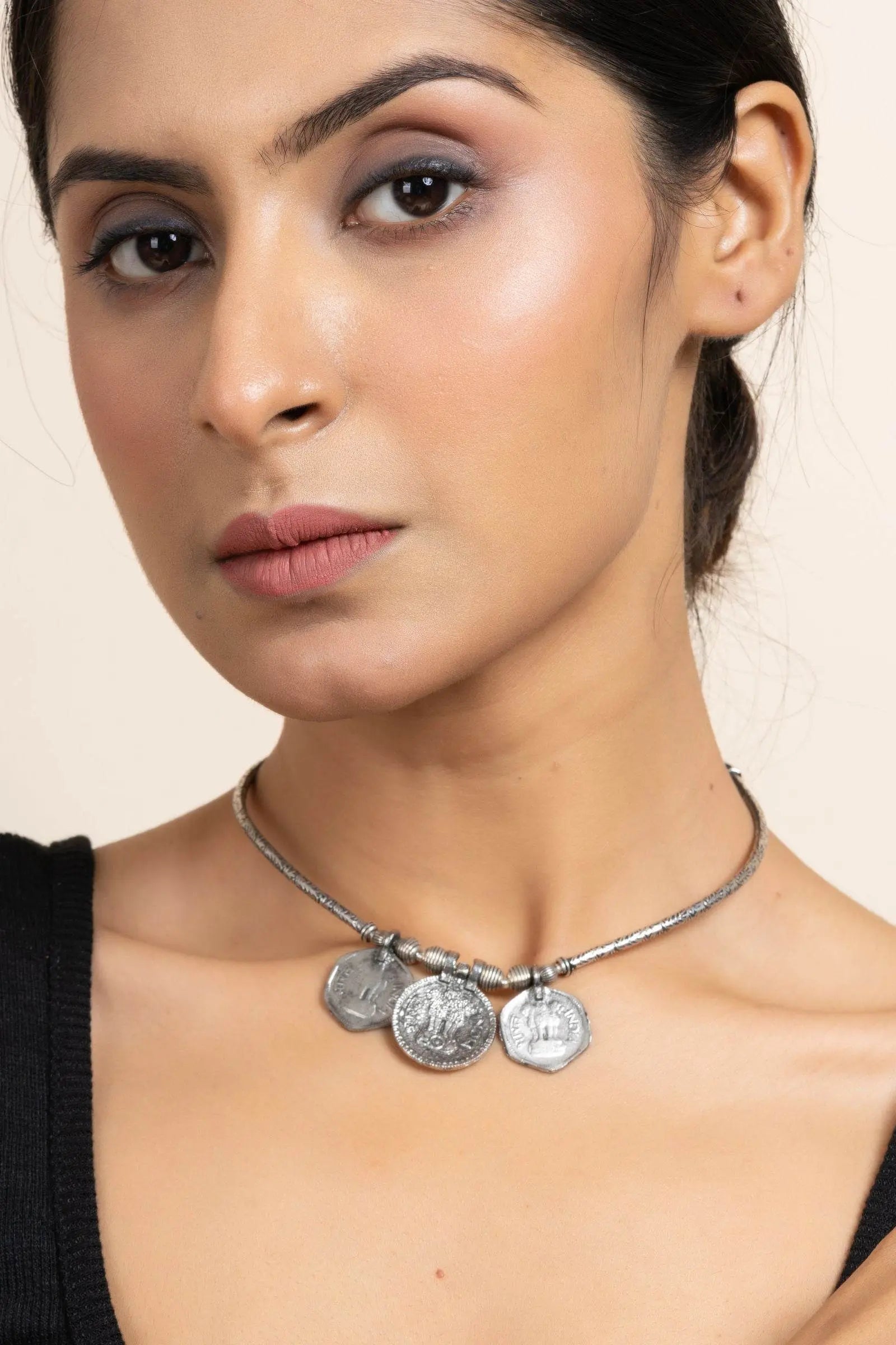 Handcrafted German Silver Triple Coin Sleek Hasli Choker Necklace for Stylish Daily Wear - Lookandadorn.com