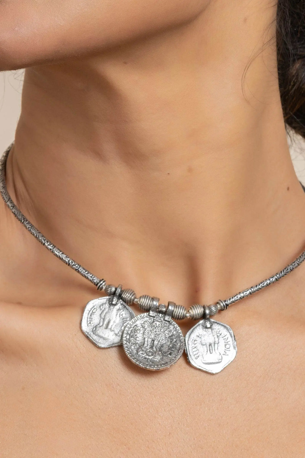 Handcrafted German Silver Triple Coin Sleek Hasli Choker Necklace for Stylish Daily Wear - Lookandadorn.com