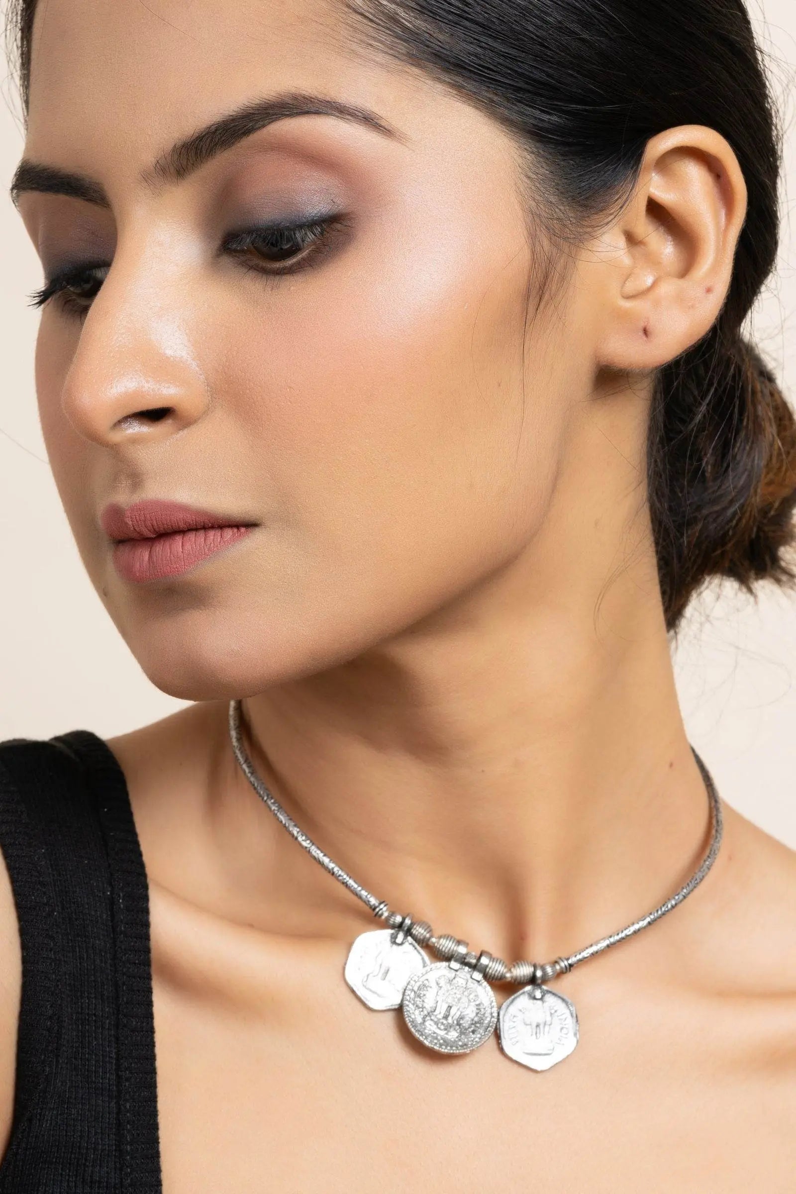 Handcrafted German Silver Triple Coin Sleek Hasli Choker Necklace for Stylish Daily Wear - Lookandadorn.com