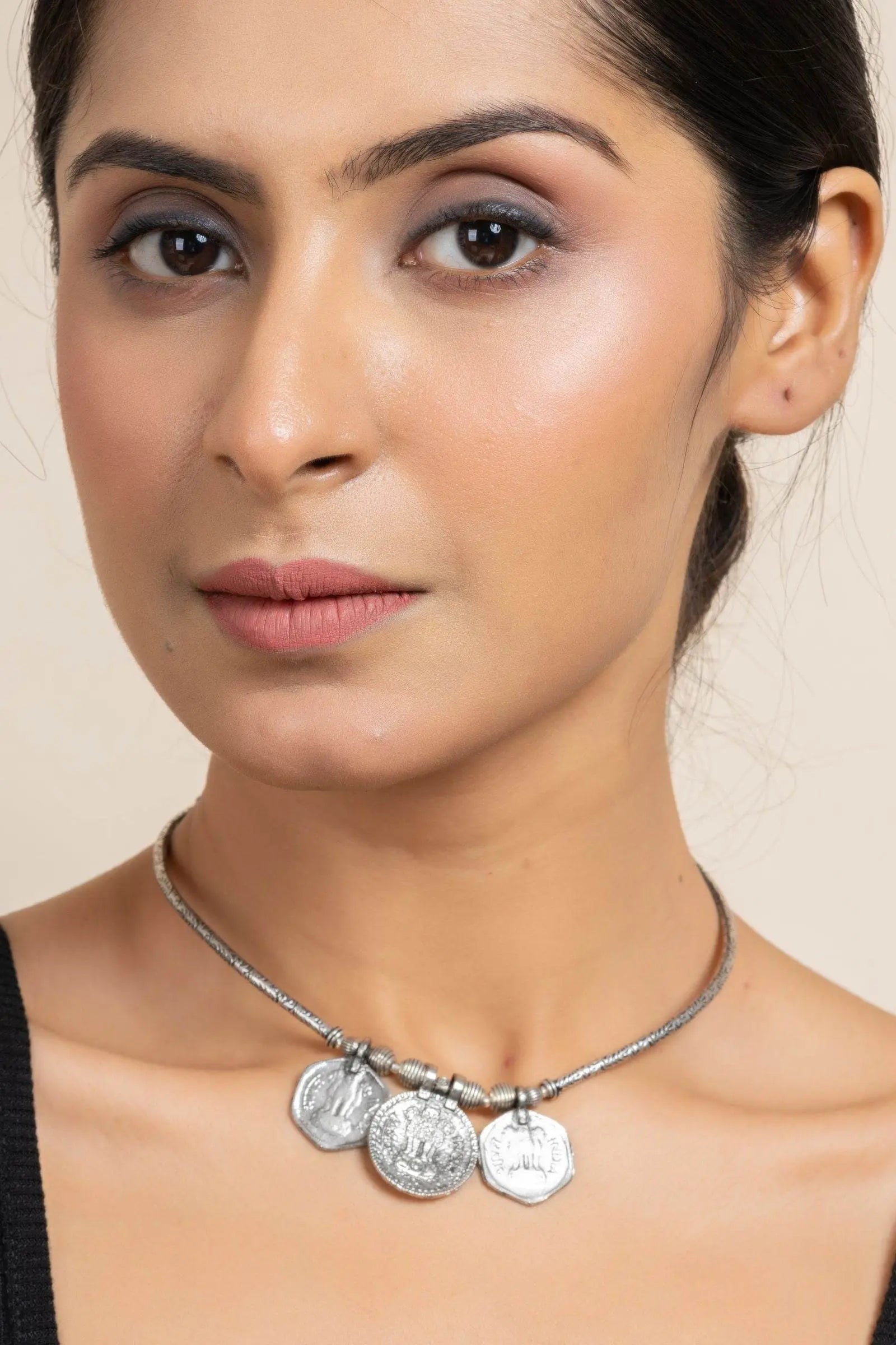 Handcrafted German Silver Triple Coin Sleek Hasli Choker Necklace for Stylish Daily Wear - Lookandadorn.com