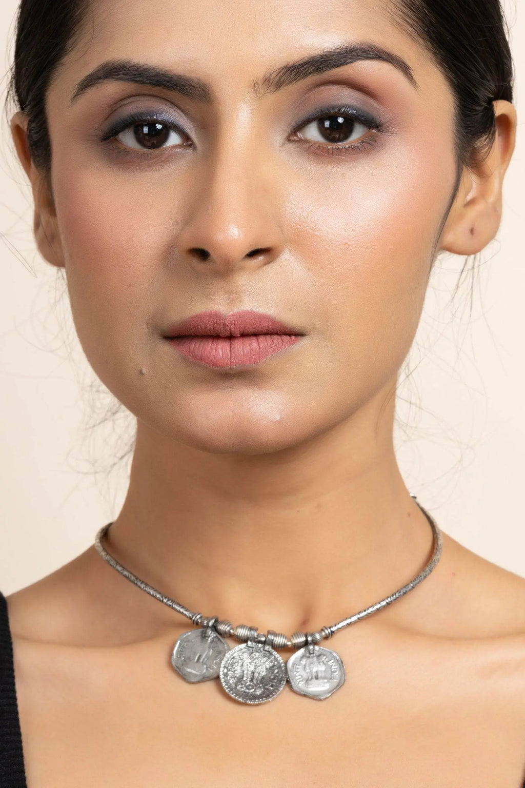 Handcrafted German Silver Triple Coin Sleek Hasli Choker Necklace for Stylish Daily Wear - Lookandadorn.com