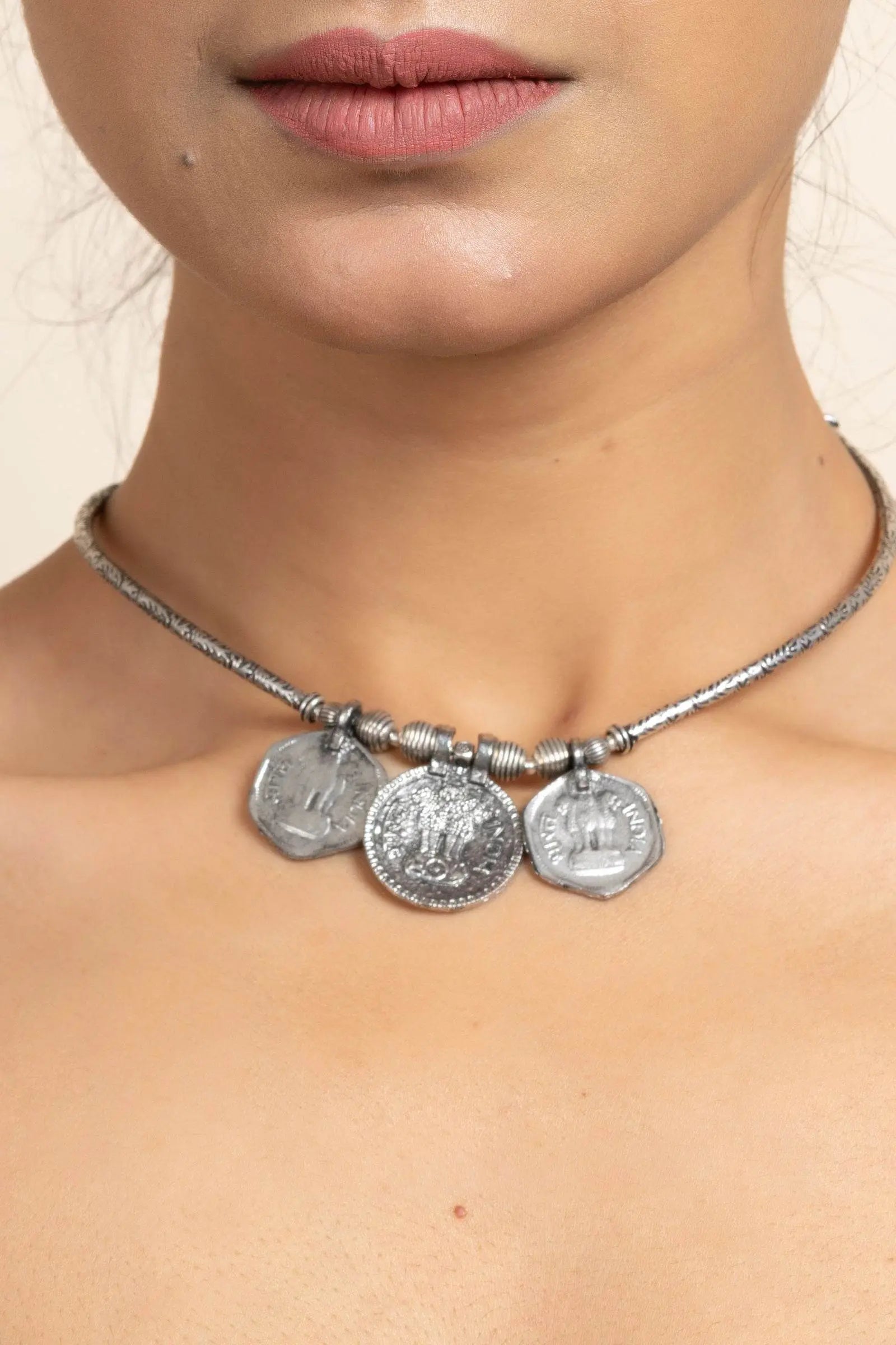Handcrafted German Silver Triple Coin Sleek Hasli Choker Necklace for Stylish Daily Wear - Lookandadorn.com