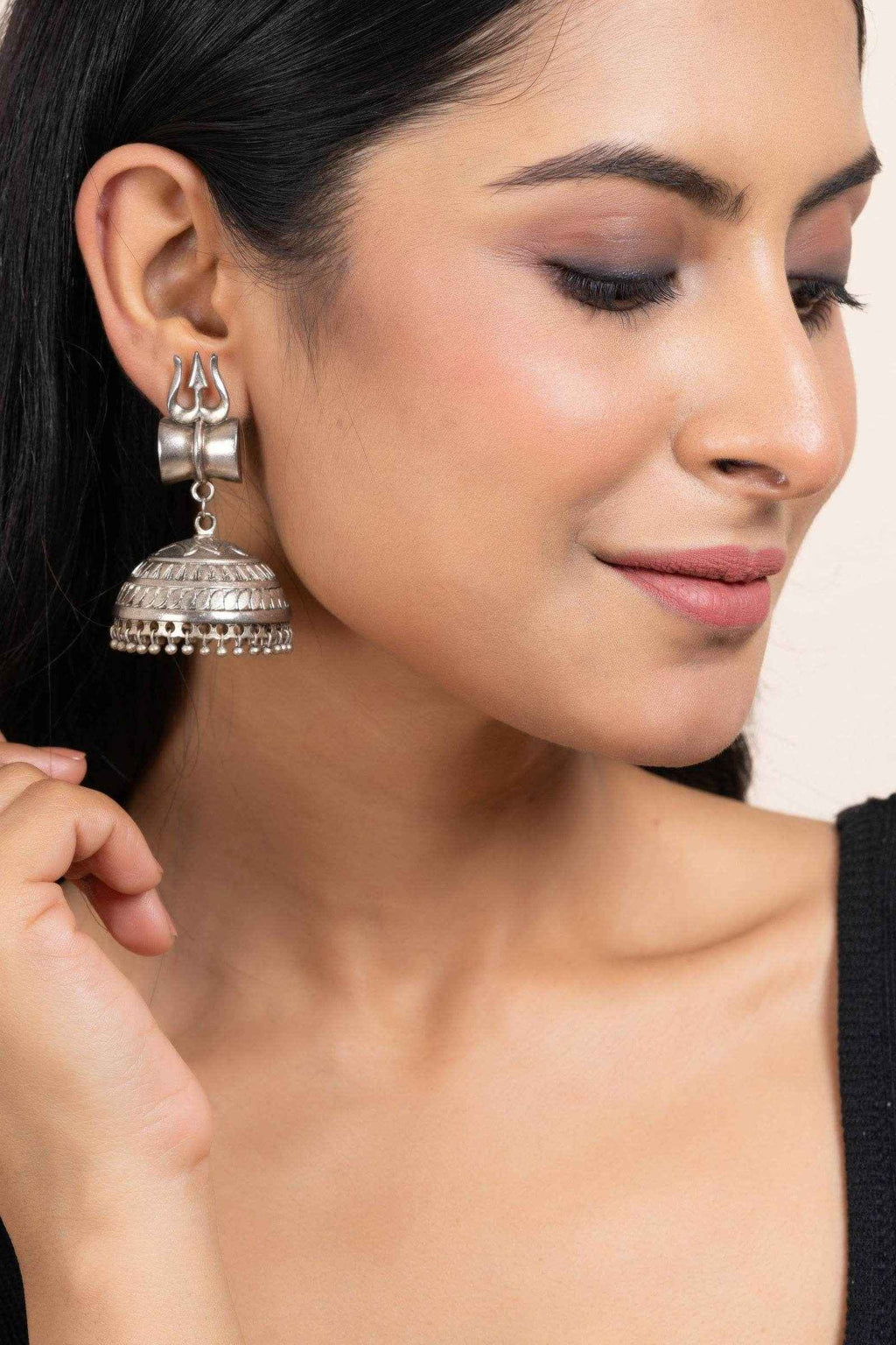 German Silver Oxidized Trishul Damru Jhumka Earrings - Handmade, Lightweight, Unique Design for Any Occasion - Lookandadorn.com