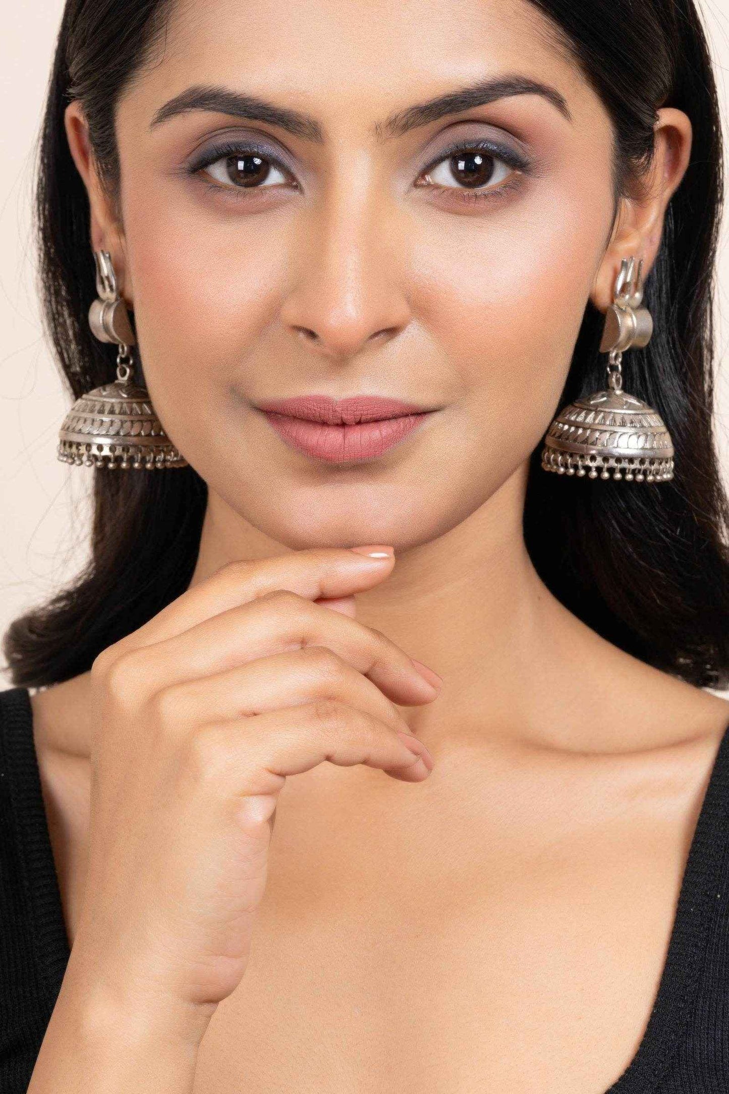 German Silver Oxidized Trishul Damru Jhumka Earrings - Handmade, Lightweight, Unique Design for Any Occasion - Lookandadorn.com