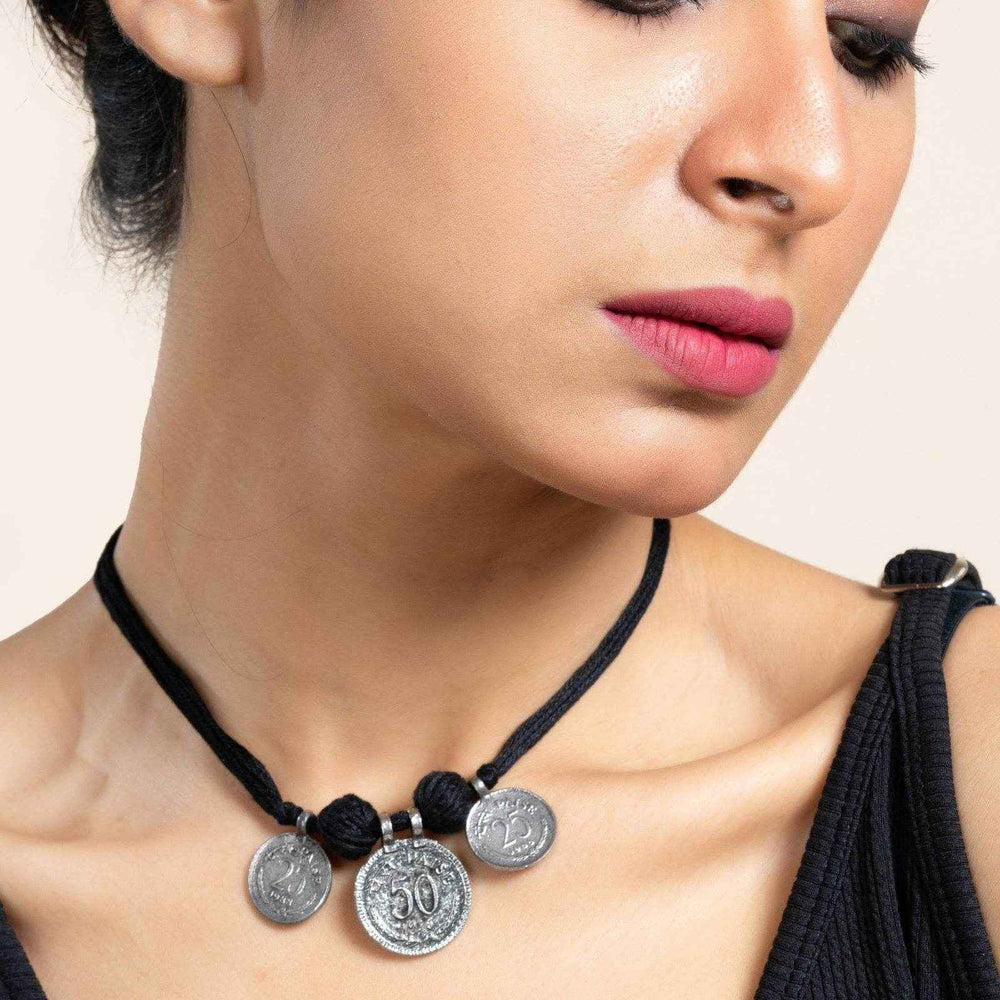 Handcrafted German Silver Jewelry Neckpiece with Adjustable Black Cotton Dori - Lookandadorn.com