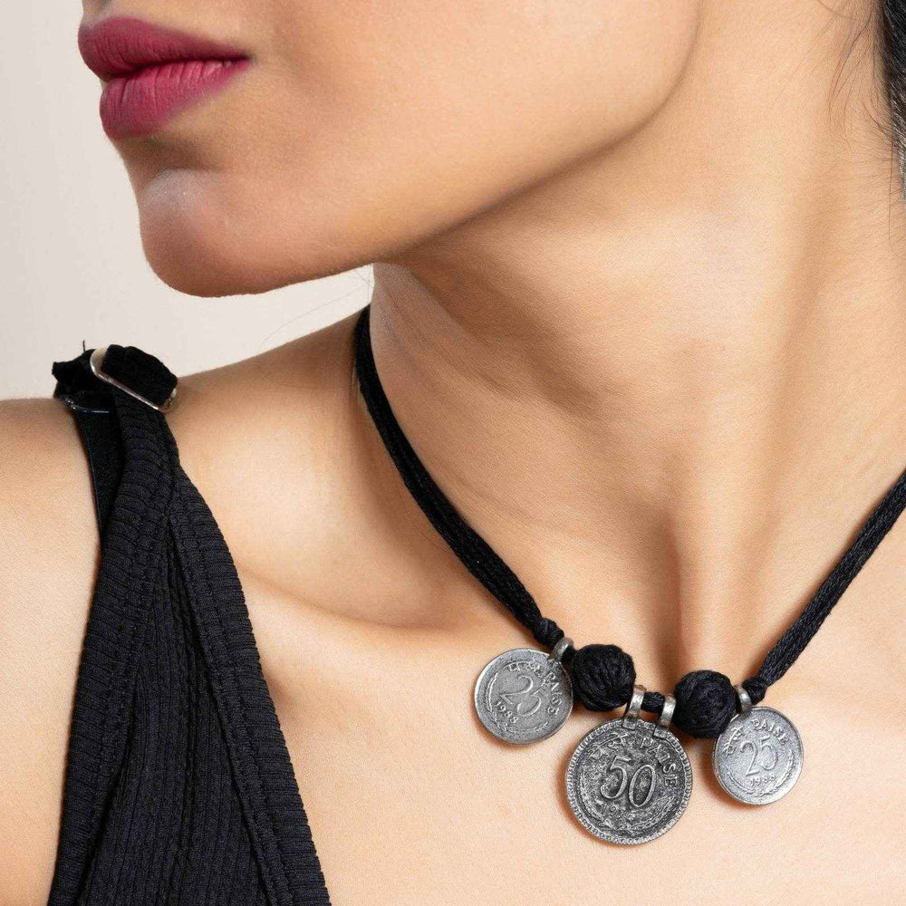 Handcrafted German Silver Jewelry Neckpiece with Adjustable Black Cotton Dori - Lookandadorn.com