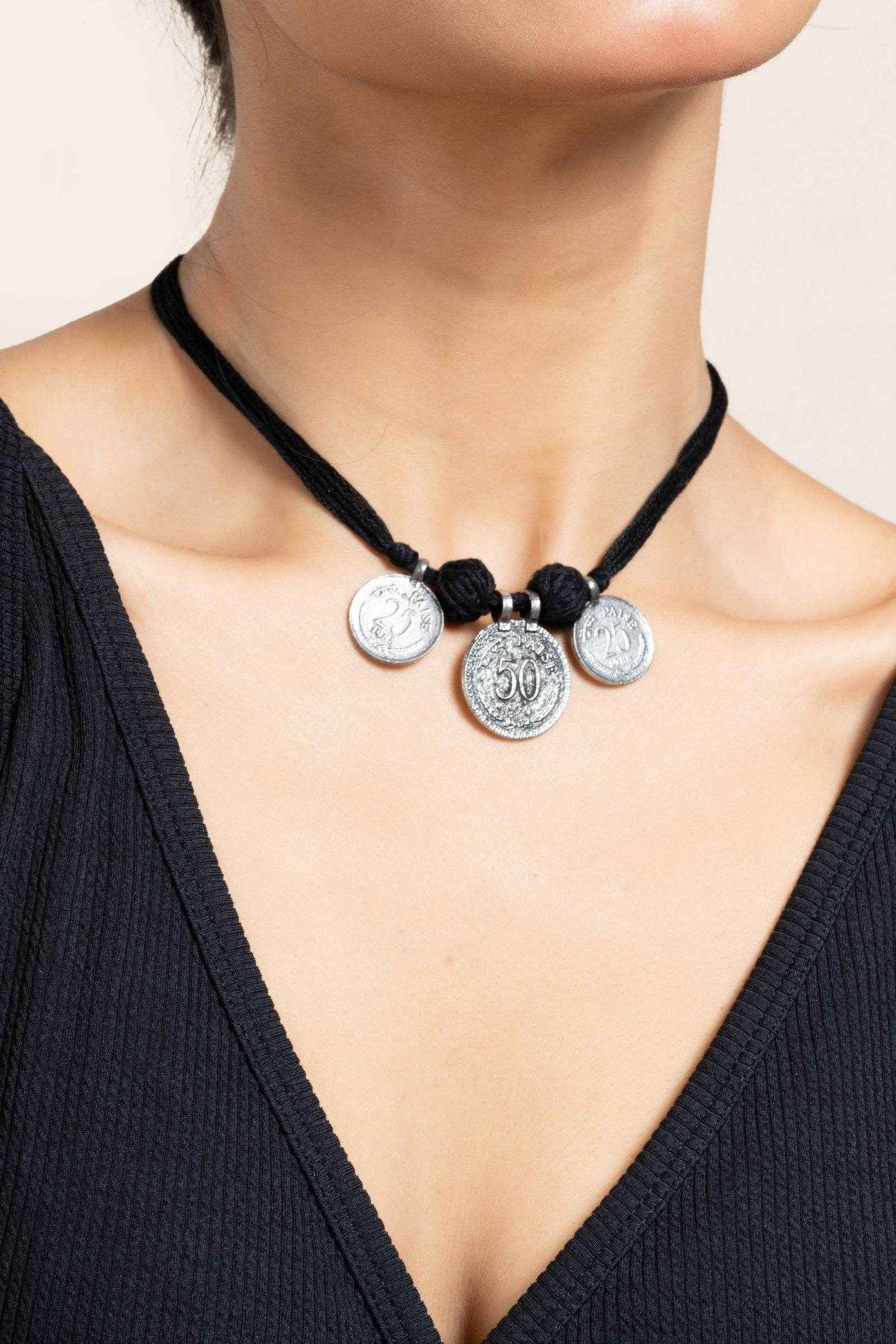 Handcrafted German Silver Jewelry Neckpiece with Adjustable Black Cotton Dori - Lookandadorn.com