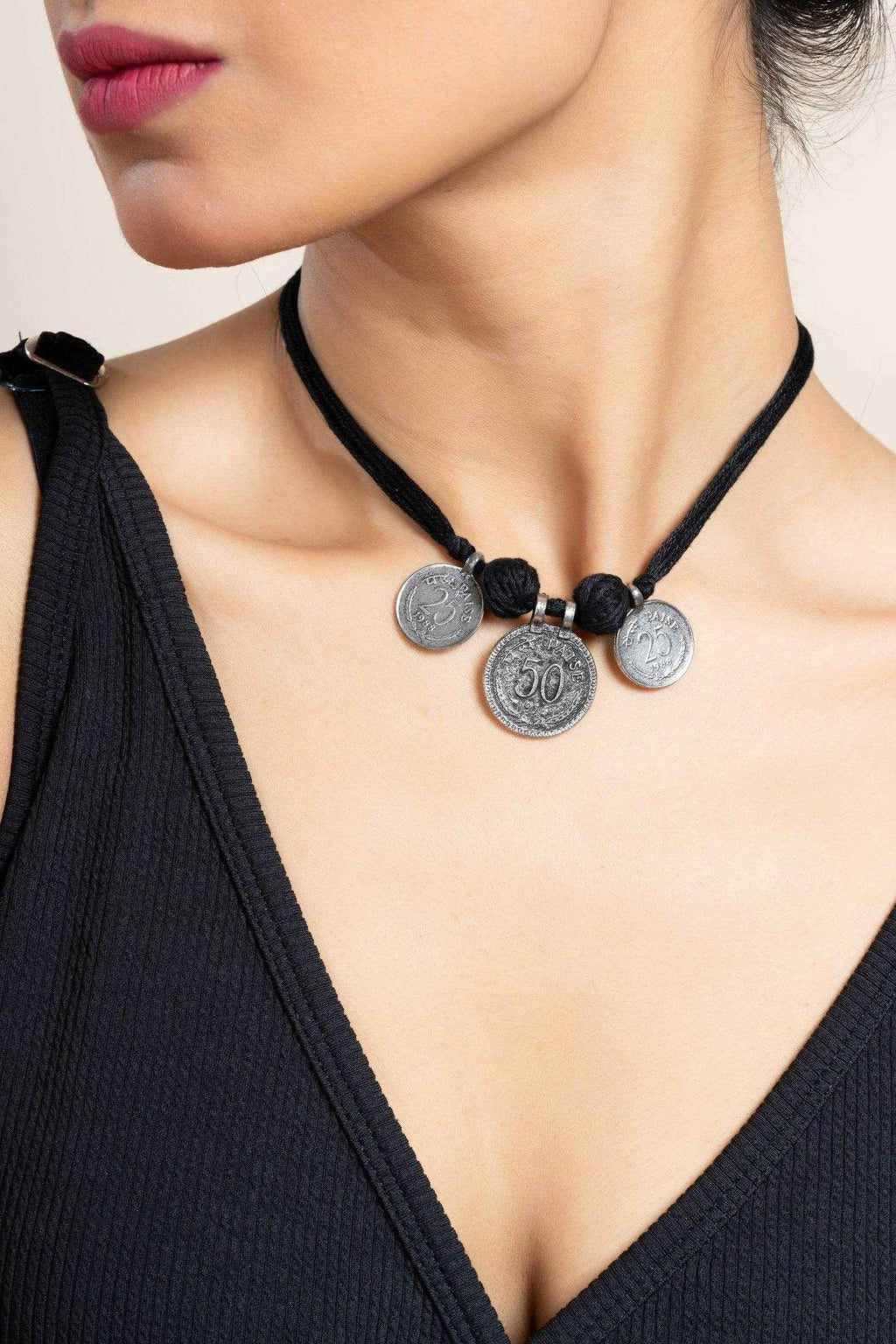 Handcrafted German Silver Jewelry Neckpiece with Adjustable Black Cotton Dori - Lookandadorn.com
