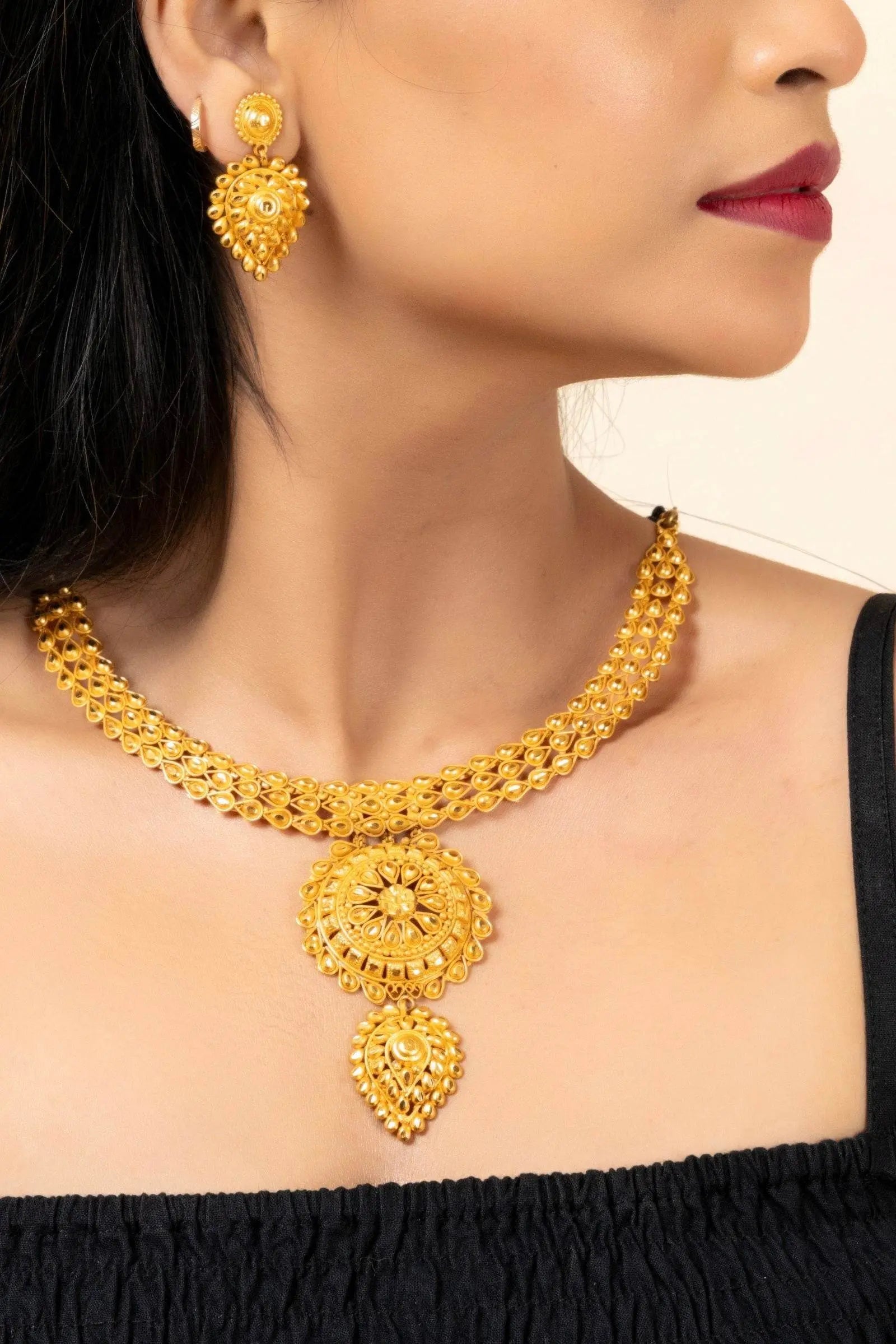 Gold Plated 1.5g Handmade Floral Drop Choker Necklace Jewellery Set for All Occasions - Lookandadorn.com