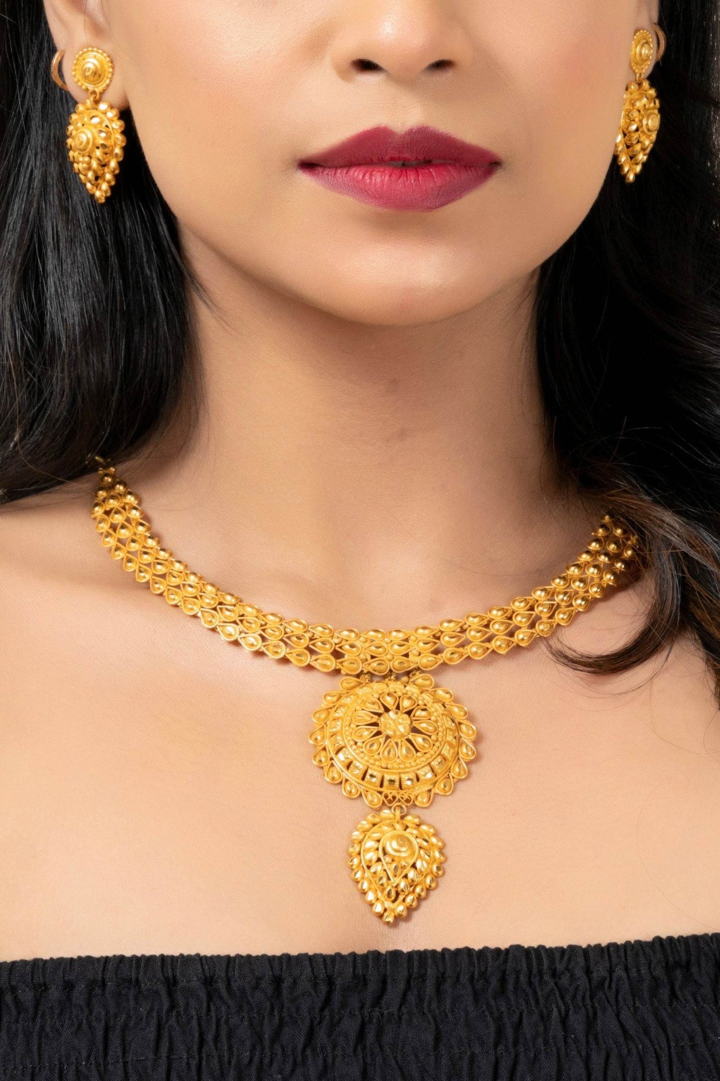 Gold Plated 1.5g Handmade Floral Drop Choker Necklace Jewellery Set for All Occasions - Lookandadorn.com
