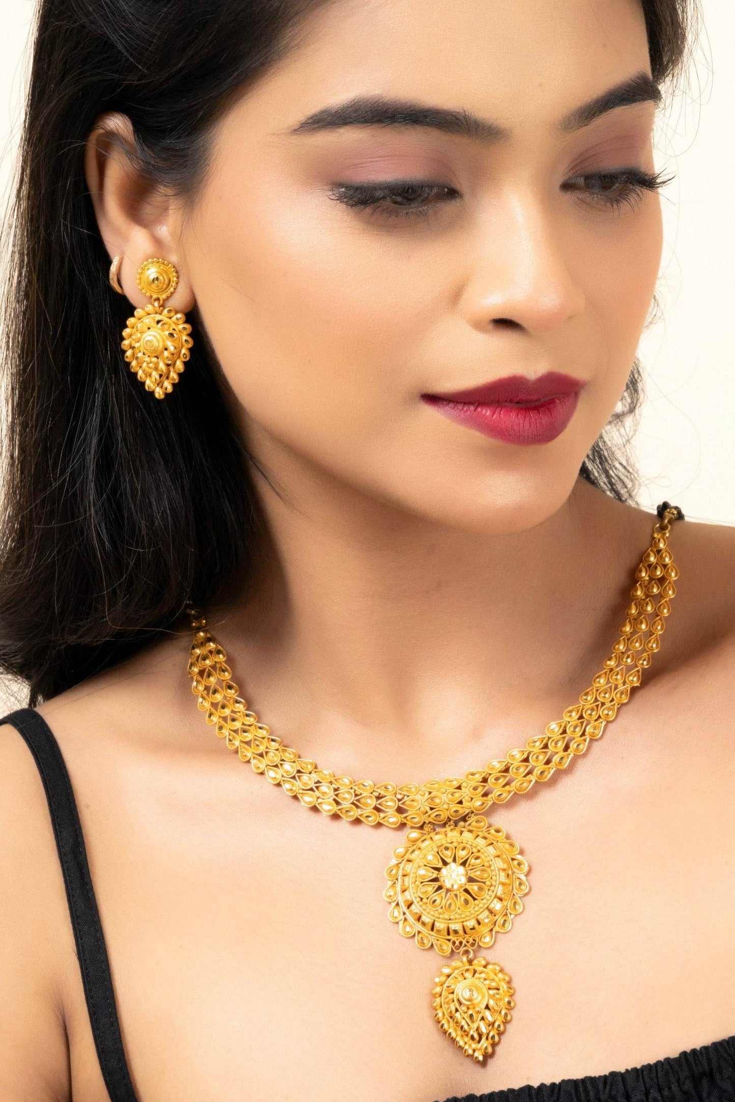 Gold Plated 1.5g Handmade Floral Drop Choker Necklace Jewellery Set for All Occasions - Lookandadorn.com
