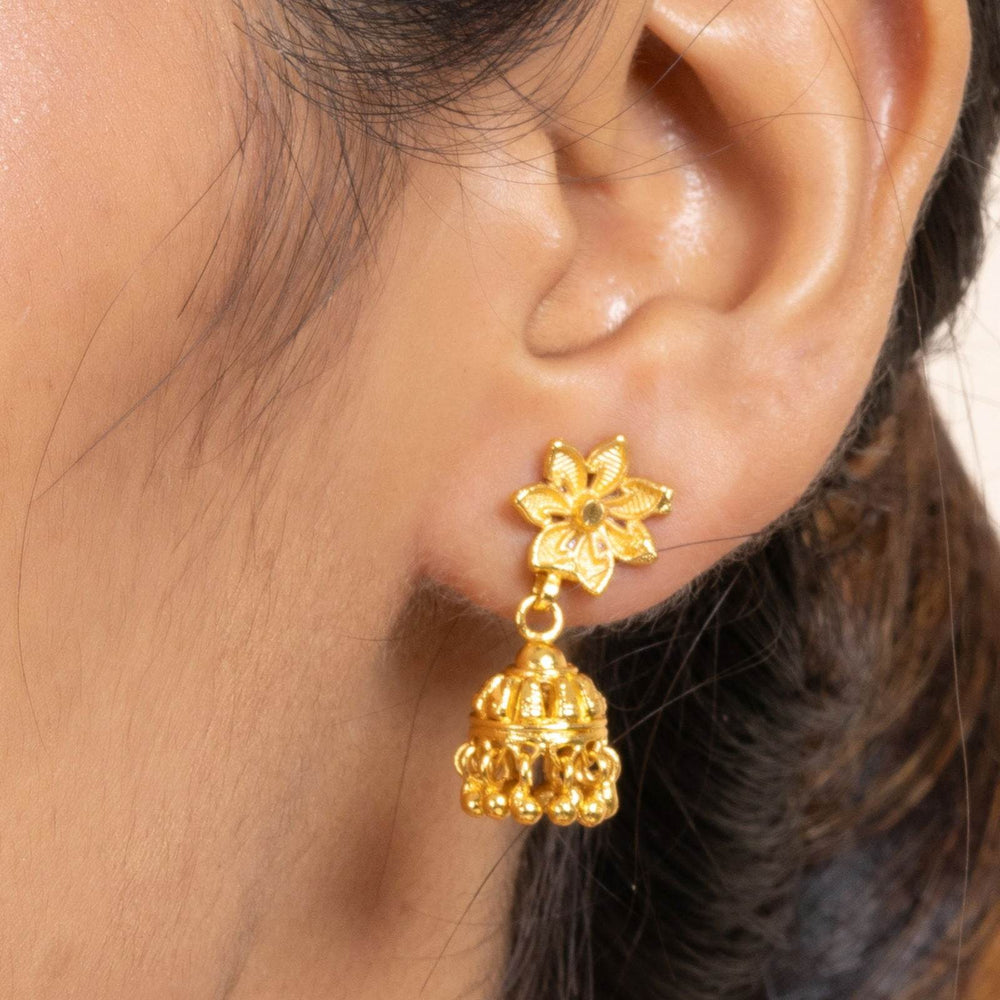 Gold Plated 1.5g Small Floral Stud Jhumka Earrings - Elegant Jewelry for All Occasions - Lookandadorn.com