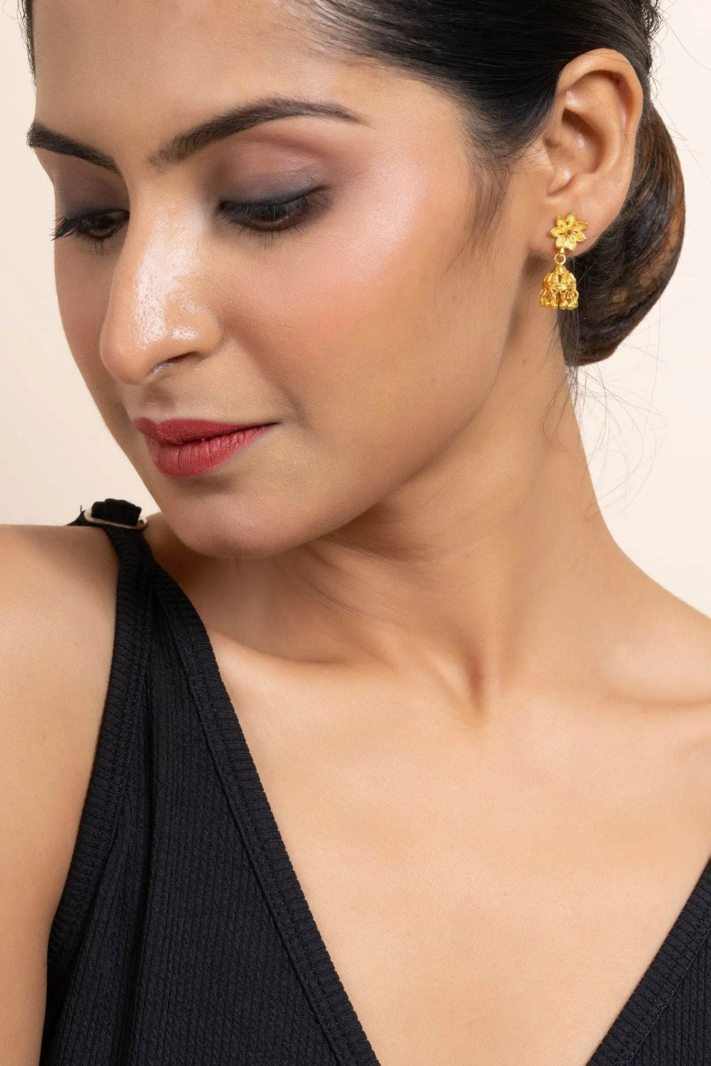 Gold Plated 1.5g Small Floral Stud Jhumka Earrings - Elegant Jewelry for All Occasions - Lookandadorn.com