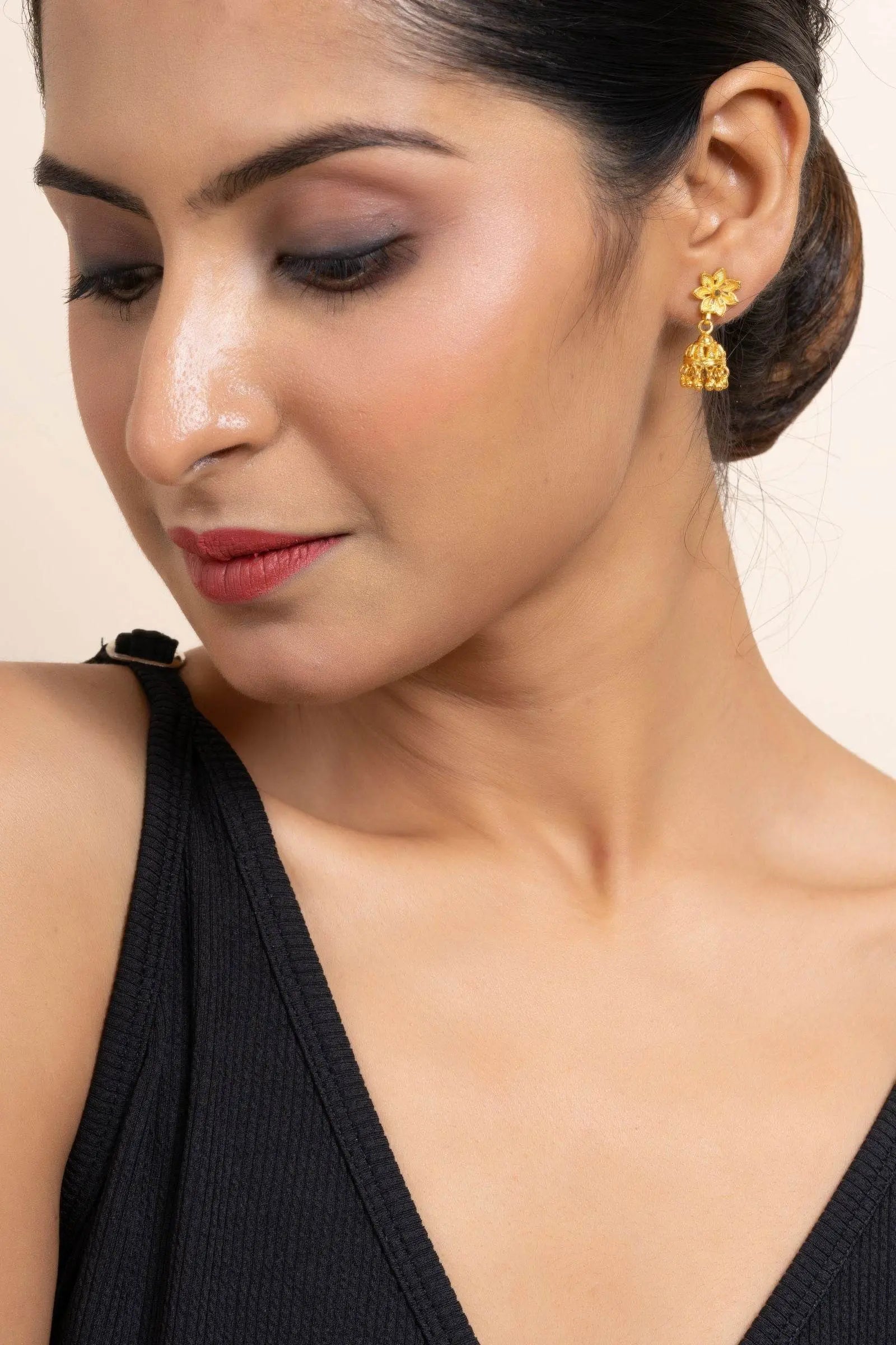 Gold Plated 1.5g Small Floral Stud Jhumka Earrings - Elegant Jewelry for All Occasions - Lookandadorn.com