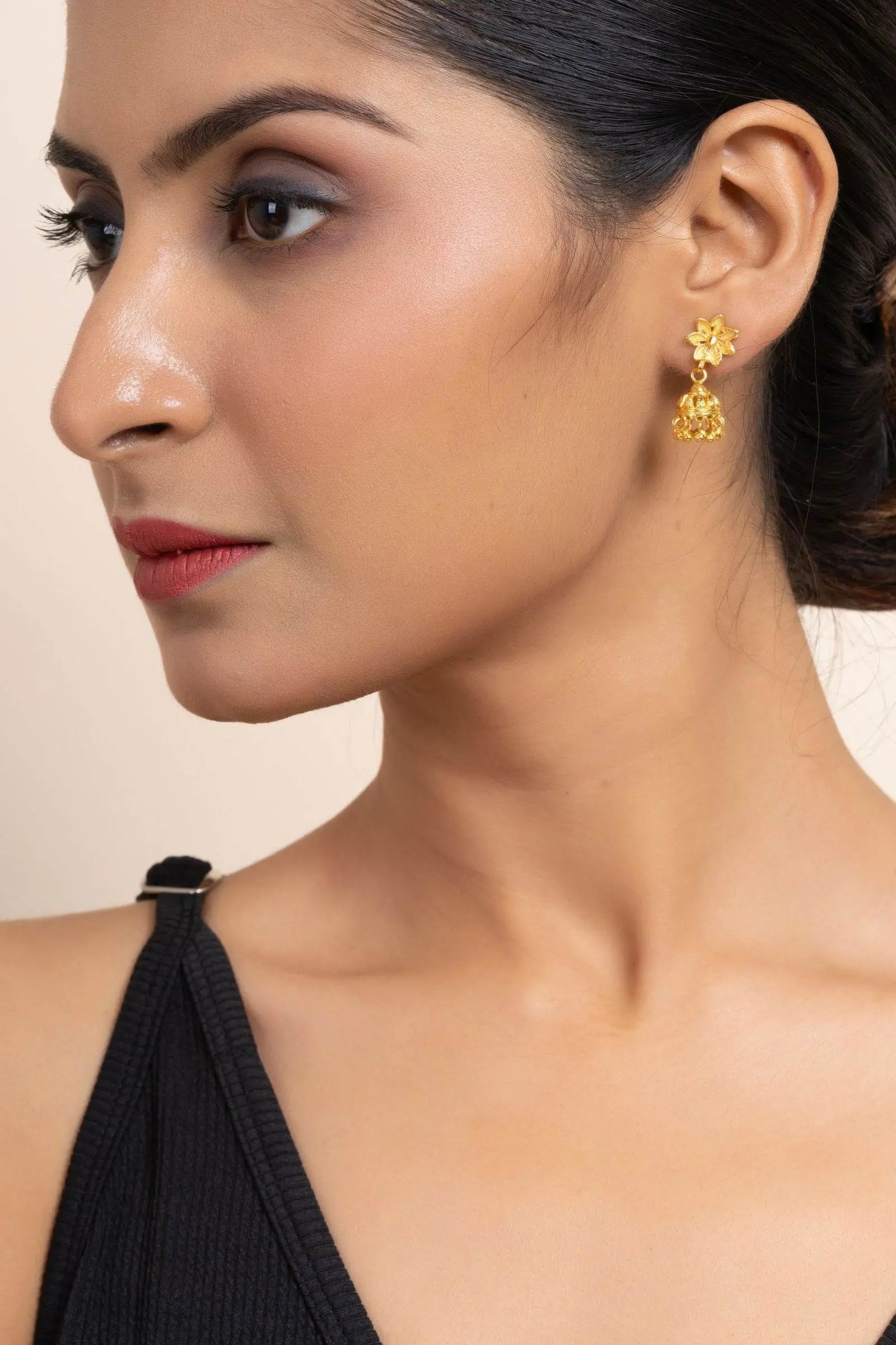 Gold Plated 1.5g Small Floral Stud Jhumka Earrings - Elegant Jewelry for All Occasions - Lookandadorn.com