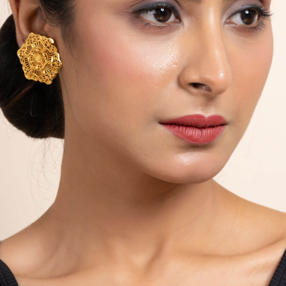 Gold Plated 3-Layer Floral Stud Earrings - Handmade Copper, Non-Allergic, Elegant Design for All Occasions - Lookandadorn.com