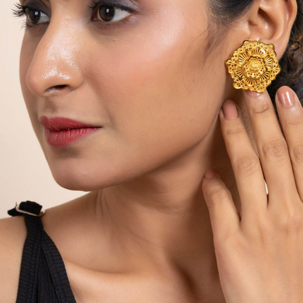 Gold Plated 3-Layer Floral Stud Earrings - Handmade Copper, Non-Allergic, Elegant Design for All Occasions - Lookandadorn.com