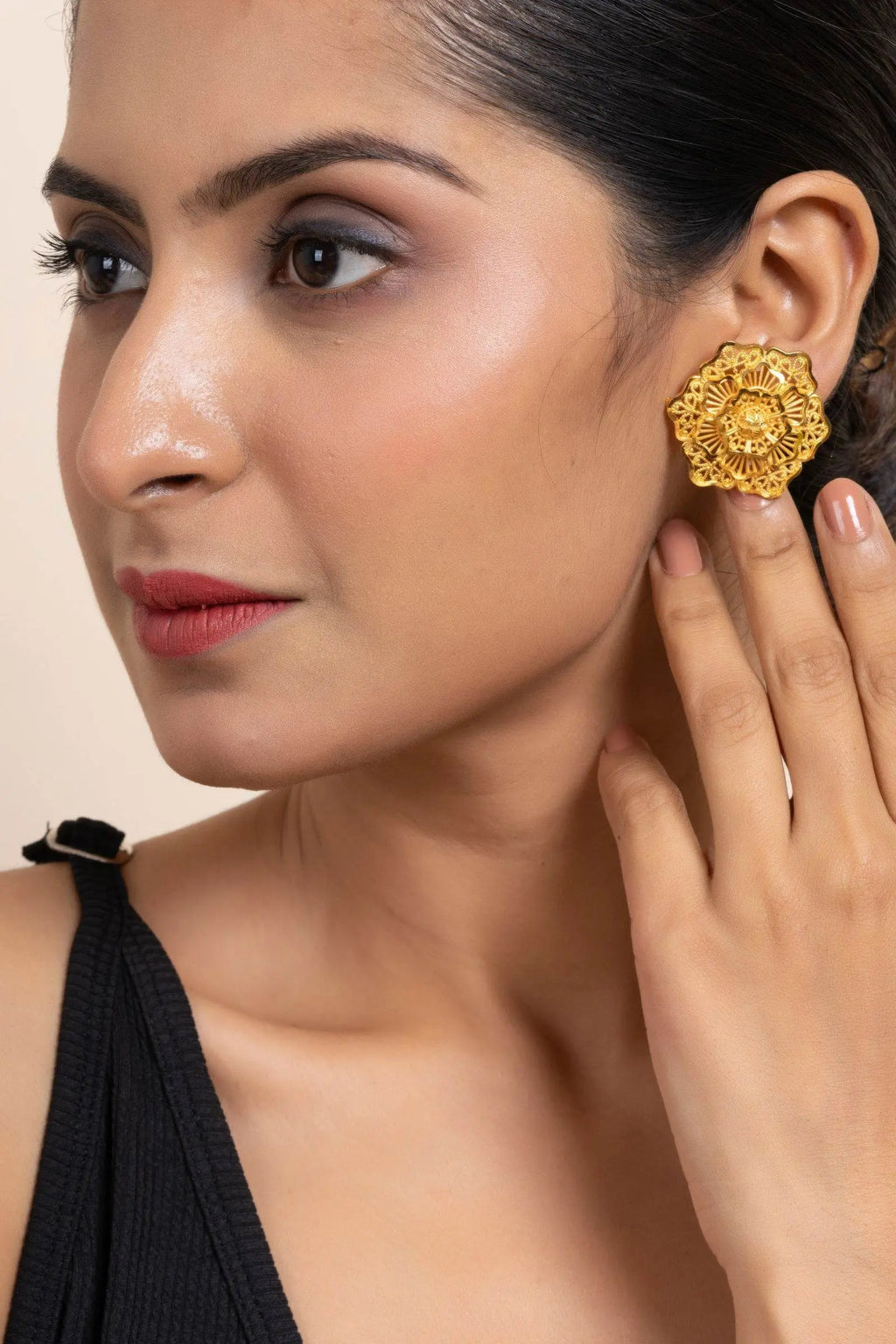 Gold Plated 3-Layer Floral Stud Earrings - Handmade Copper, Non-Allergic, Elegant Design for All Occasions - Lookandadorn.com