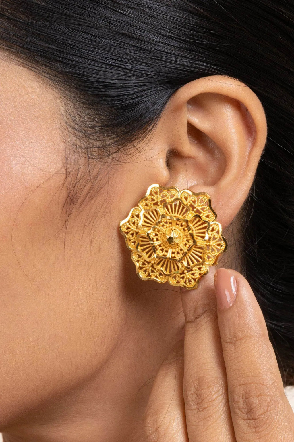 Gold Plated 3-Layer Floral Stud Earrings - Handmade Copper, Non-Allergic, Elegant Design for All Occasions - Lookandadorn.com