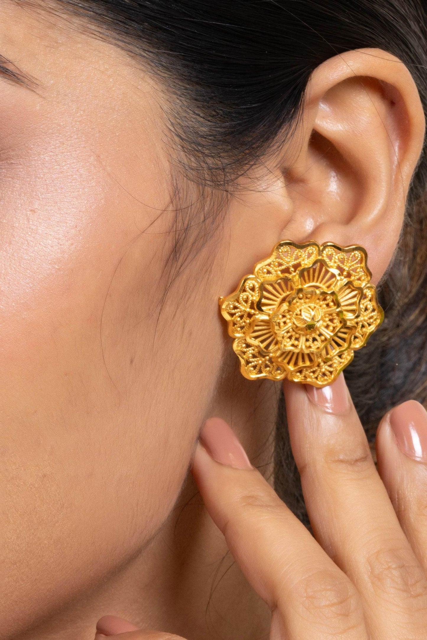 Gold Plated 3-Layer Floral Stud Earrings Handmade Copper, Non
