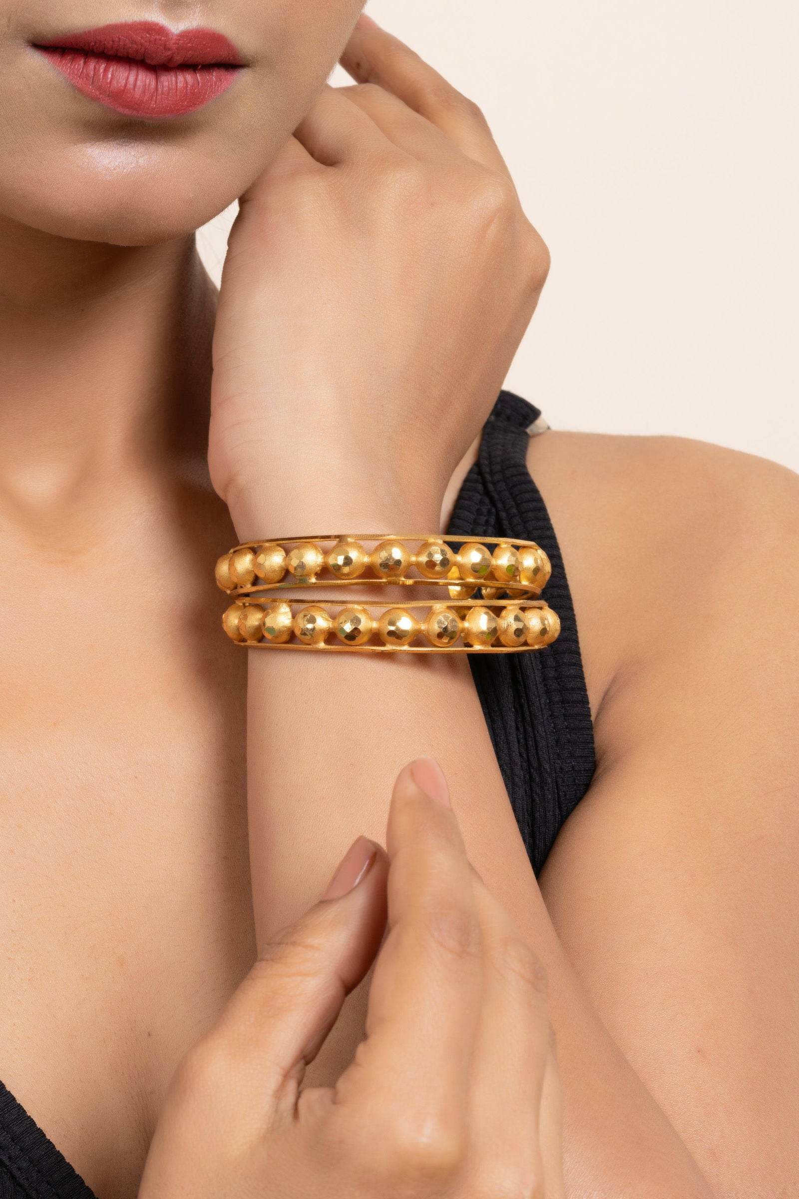 Gold Plated Set of 2 Circular Ball Bangles, Elegant Copper Jewelry for All Occasions - Lookandadorn.com