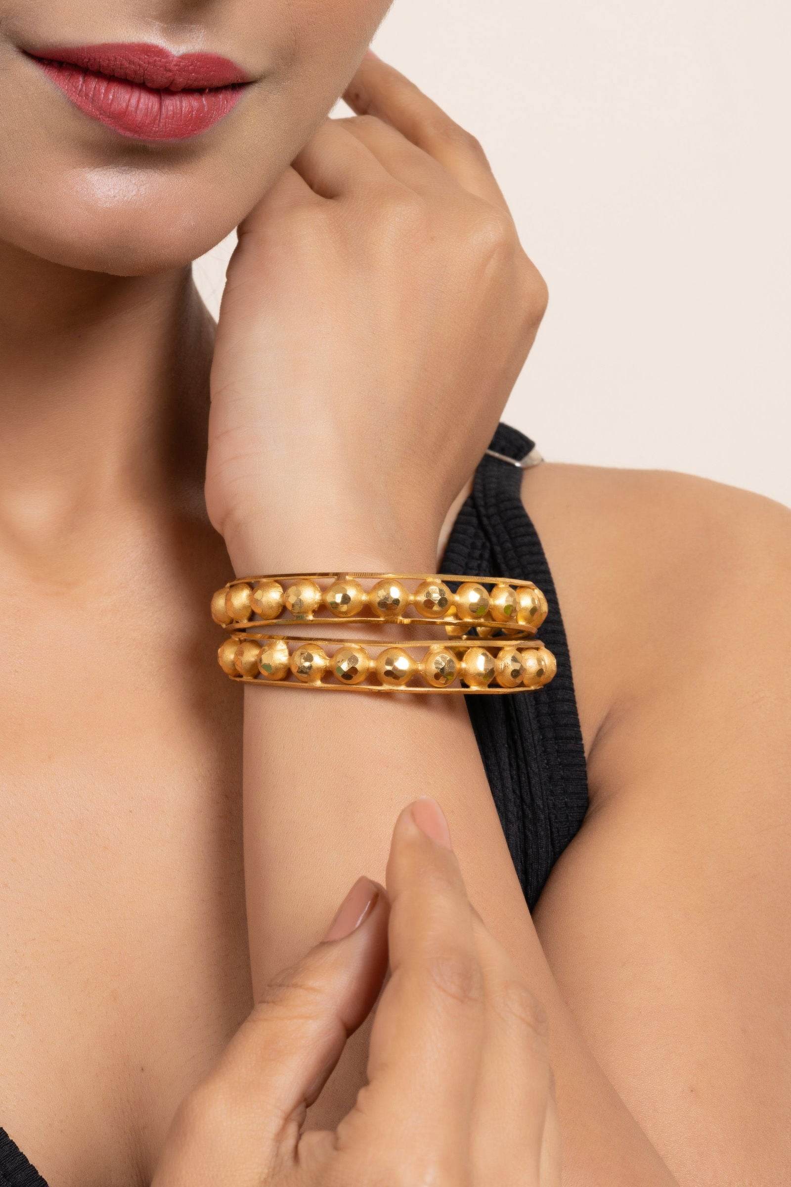 Gold Plated Set of 2 Circular Ball Bangles, Elegant Copper Jewelry for All Occasions - Lookandadorn.com