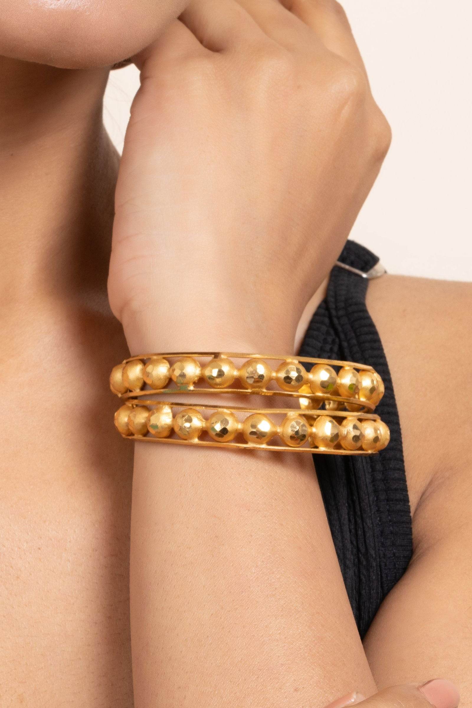 Gold Plated Set of 2 Circular Ball Bangles, Elegant Copper Jewelry for All Occasions - Lookandadorn.com