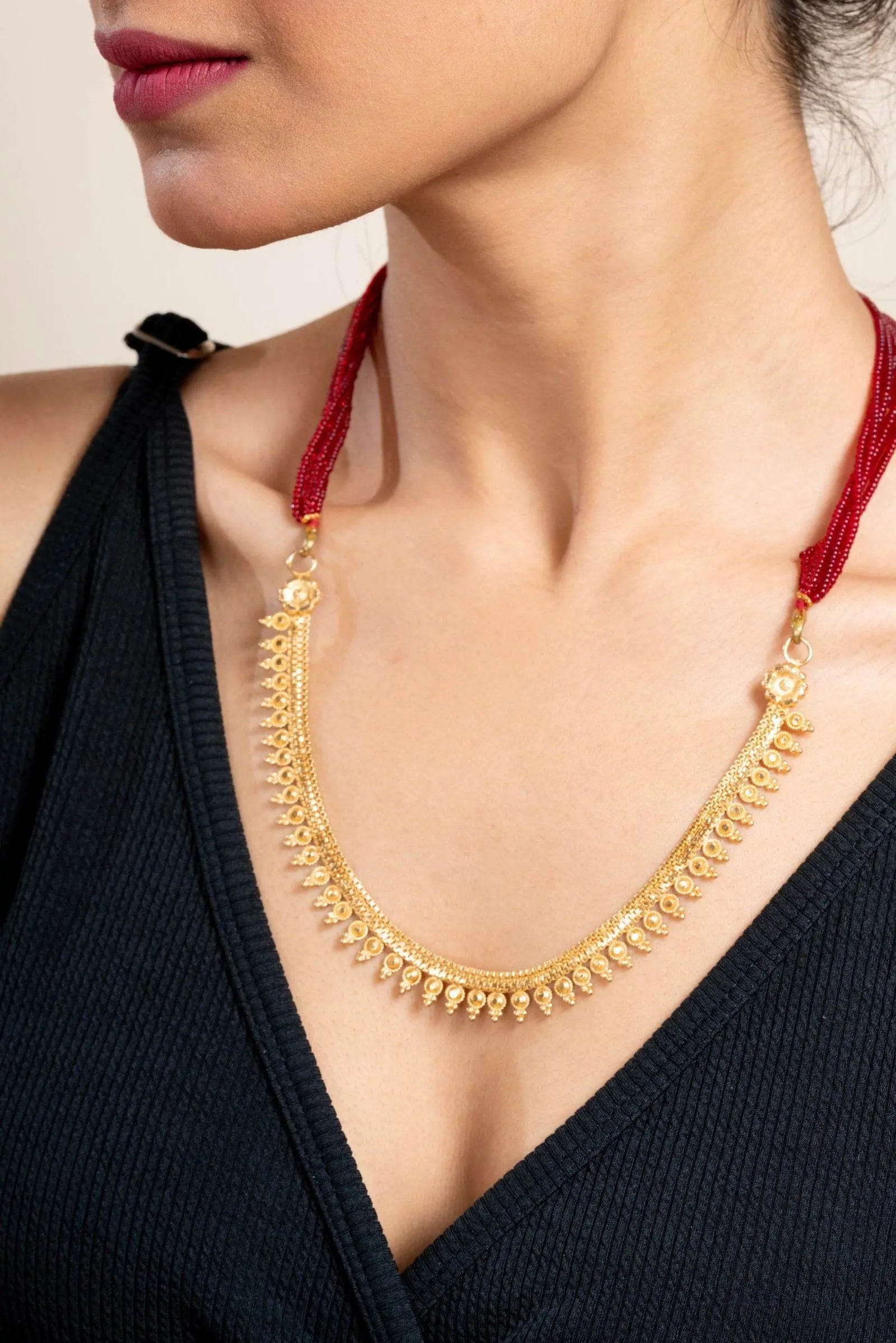 Unique Gold Plated Floral Design Statement Necklace with Red Tassel Dori - Lookandadorn.com