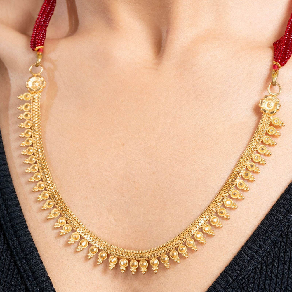 Unique Gold Plated Floral Design Statement Necklace with Red Tassel Dori - Lookandadorn.com