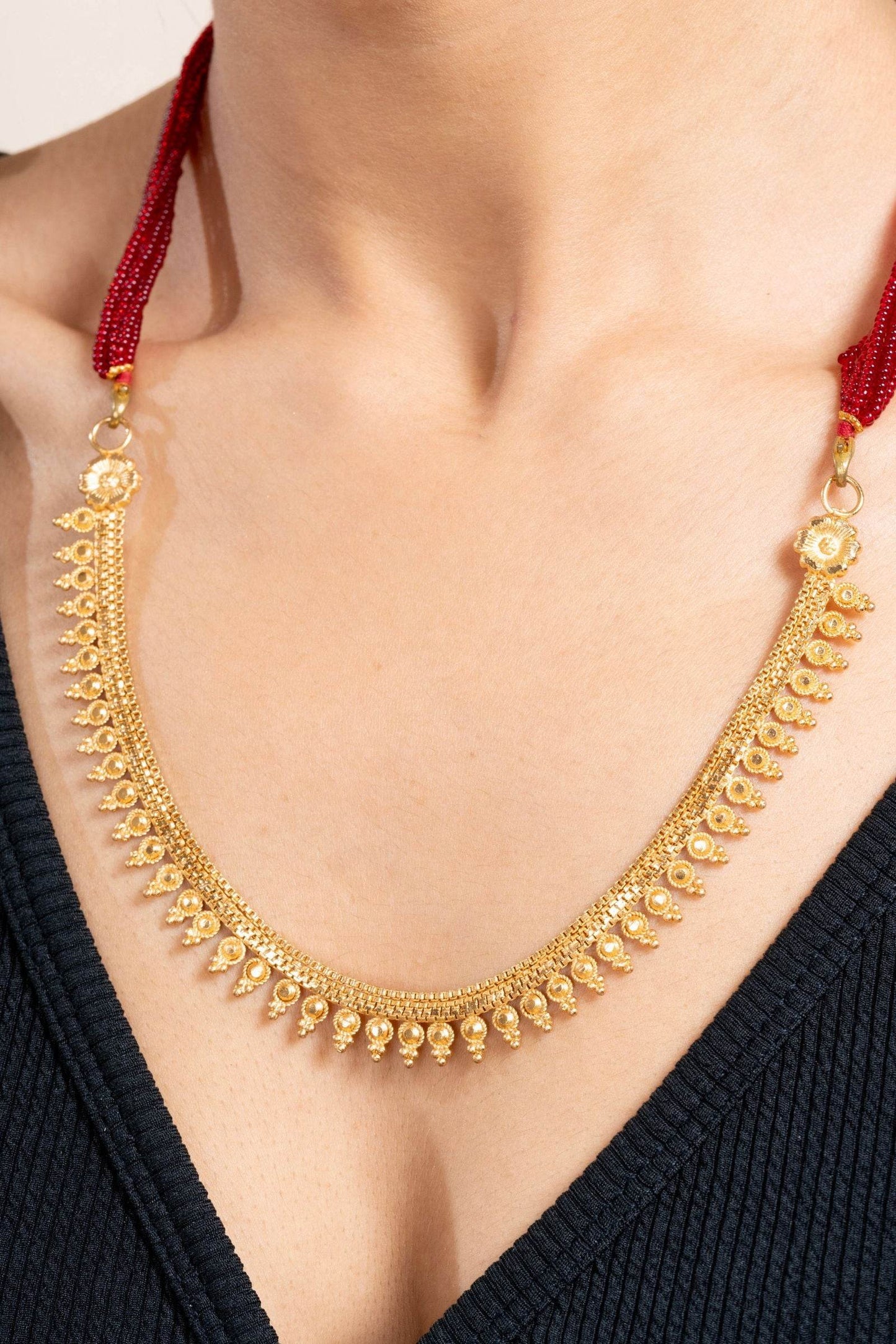 Unique Gold Plated Floral Design Statement Necklace with Red Tassel Dori - Lookandadorn.com