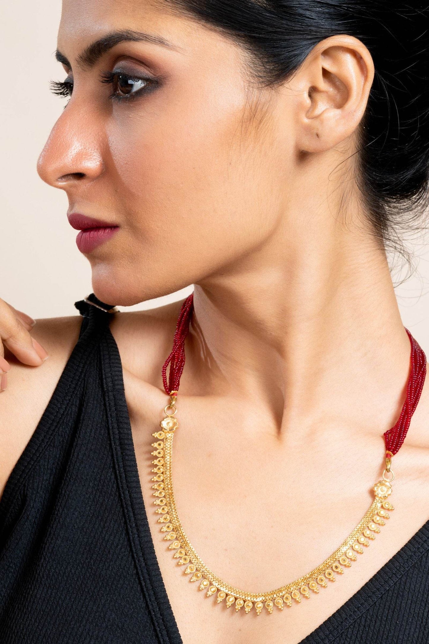 Unique Gold Plated Floral Design Statement Necklace with Red Tassel Dori - Lookandadorn.com