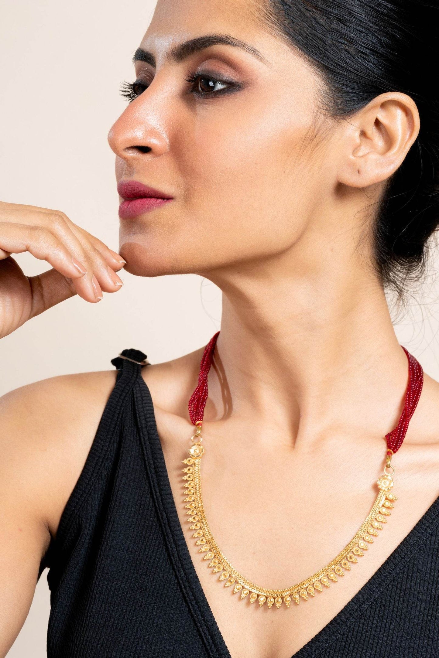 Unique Gold Plated Floral Design Statement Necklace with Red Tassel Dori - Lookandadorn.com