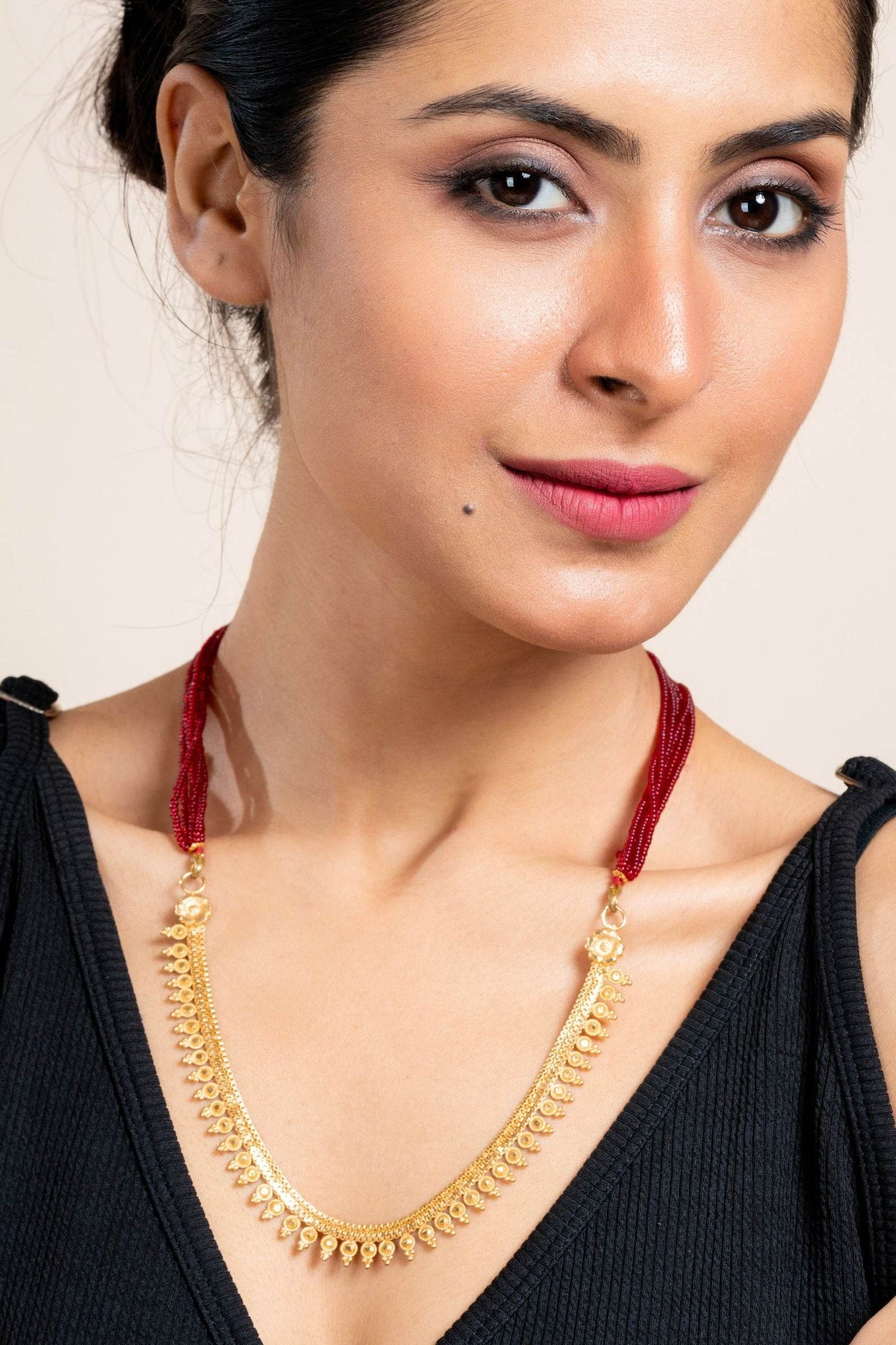 Unique Gold Plated Floral Design Statement Necklace with Red Tassel Dori - Lookandadorn.com