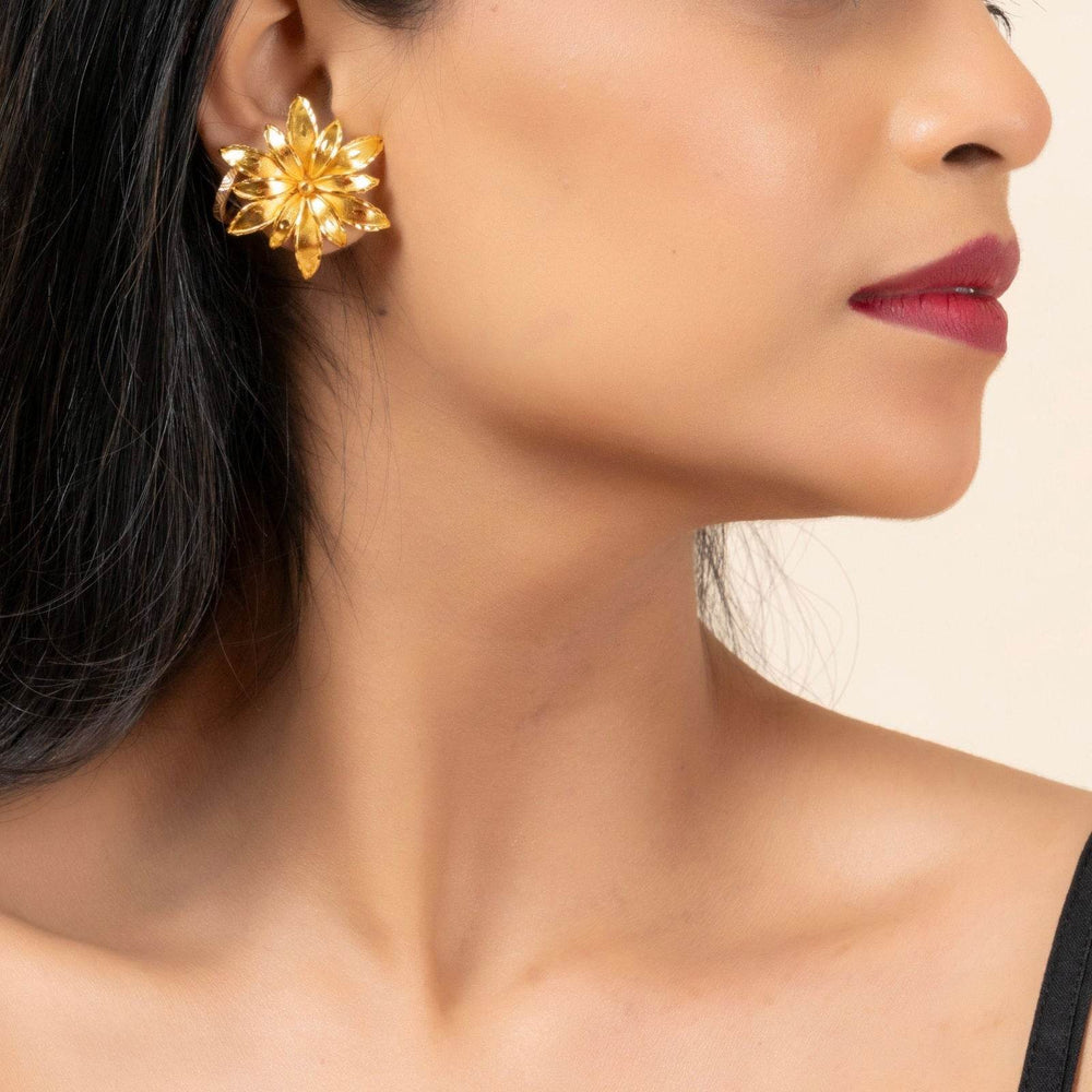Gold Plated Floral Design Stud Earrings - Copper, Non-Allergic, Perfect for All Occasions - Lookandadorn.com