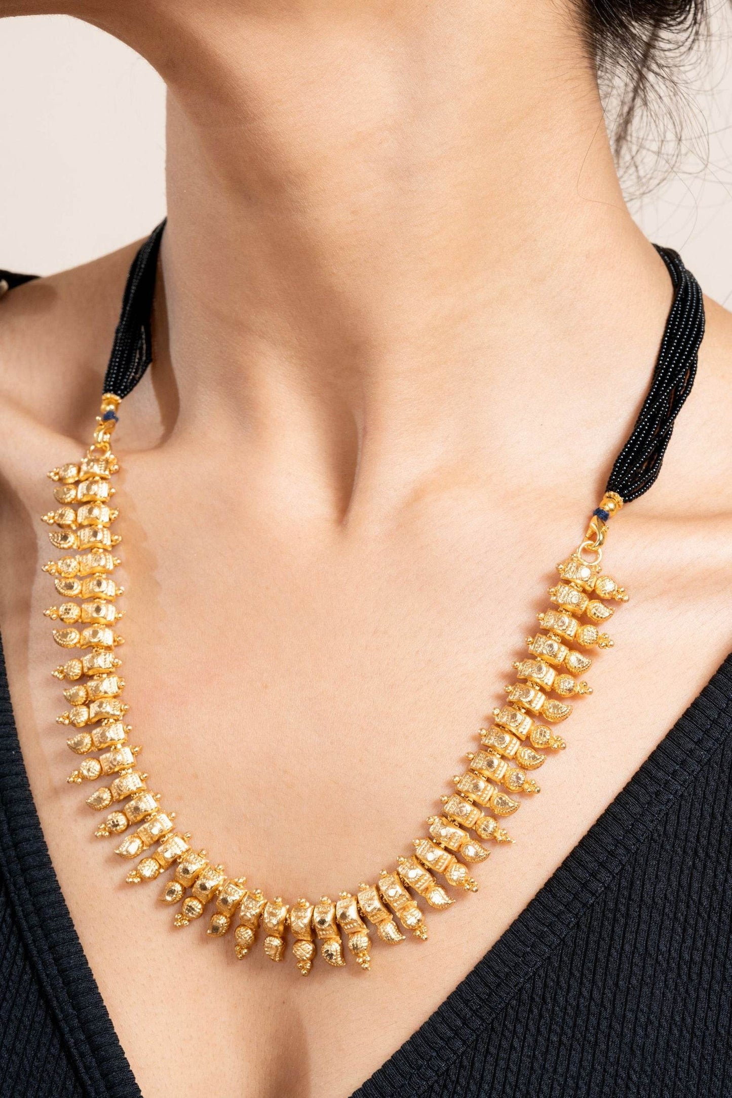 Gold Plated Designer Necklace with Black Tassel Dori - Elegant Copper Jewelry for All Occasions - Lookandadorn.com