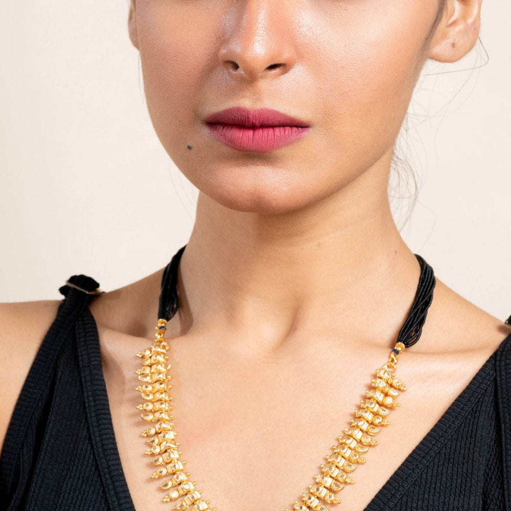 Gold Plated Designer Necklace with Black Tassel Dori - Elegant Copper Jewelry for All Occasions - Lookandadorn.com