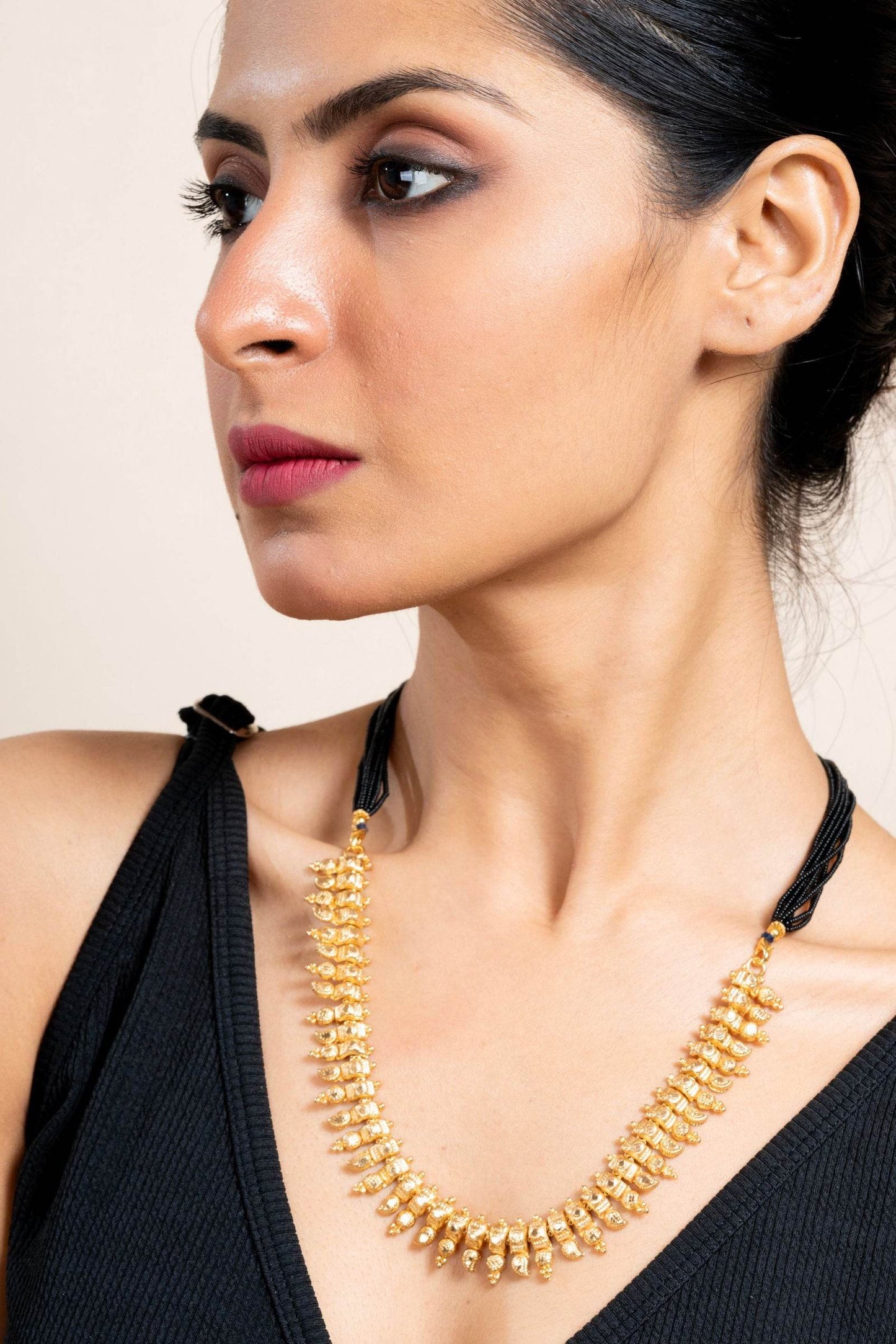 Gold Plated Designer Necklace with Black Tassel Dori - Elegant Copper Jewelry for All Occasions - Lookandadorn.com