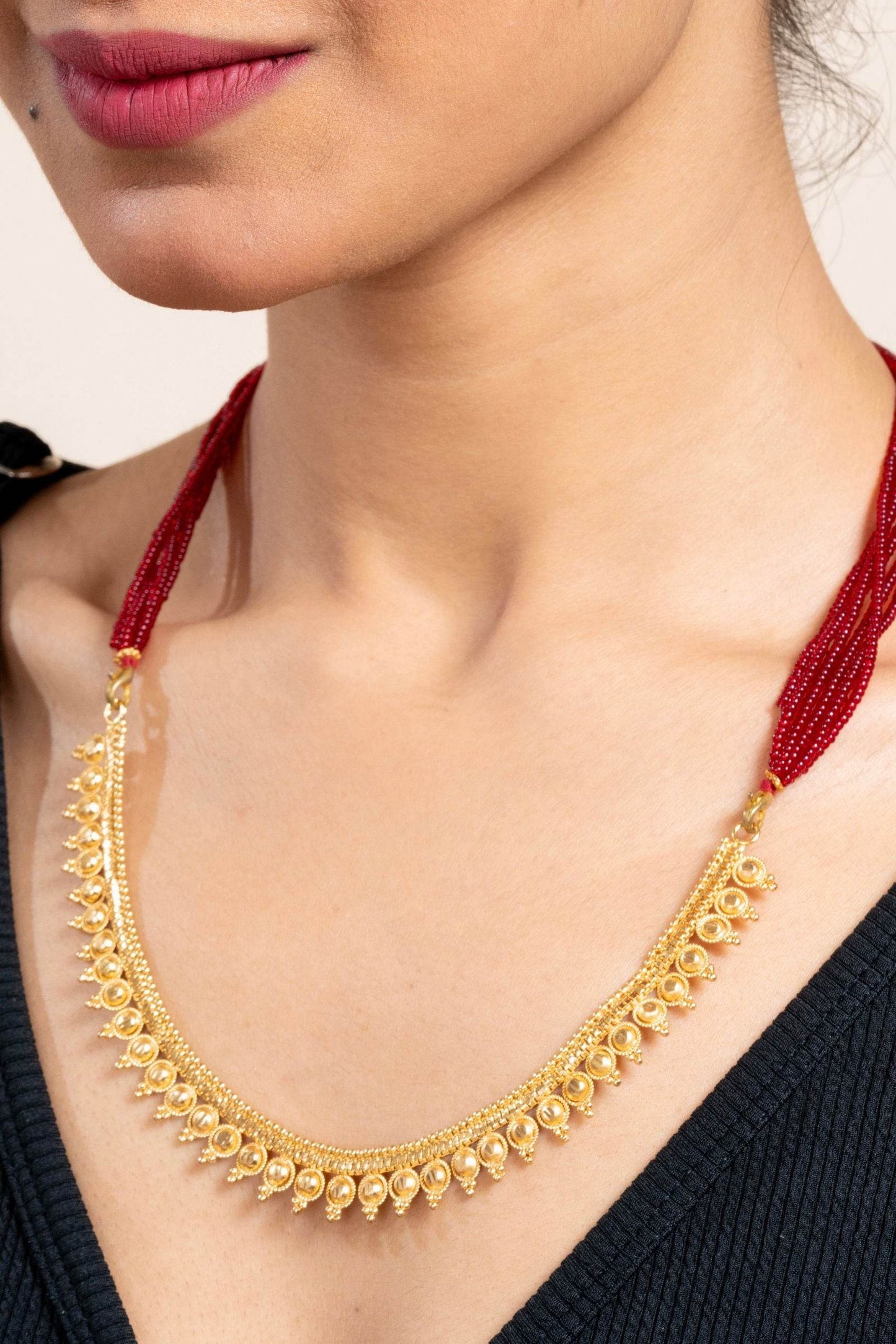Gold Plated Designer Necklace with Bold Red Tassel Dori - Exquisite Copper Jewelry - Lookandadorn.com