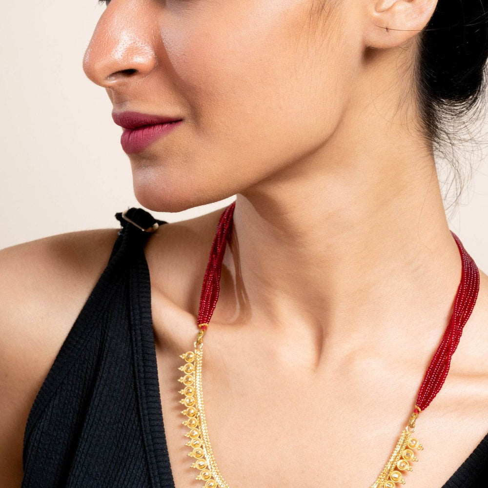 Gold Plated Designer Necklace with Bold Red Tassel Dori - Exquisite Copper Jewelry - Lookandadorn.com